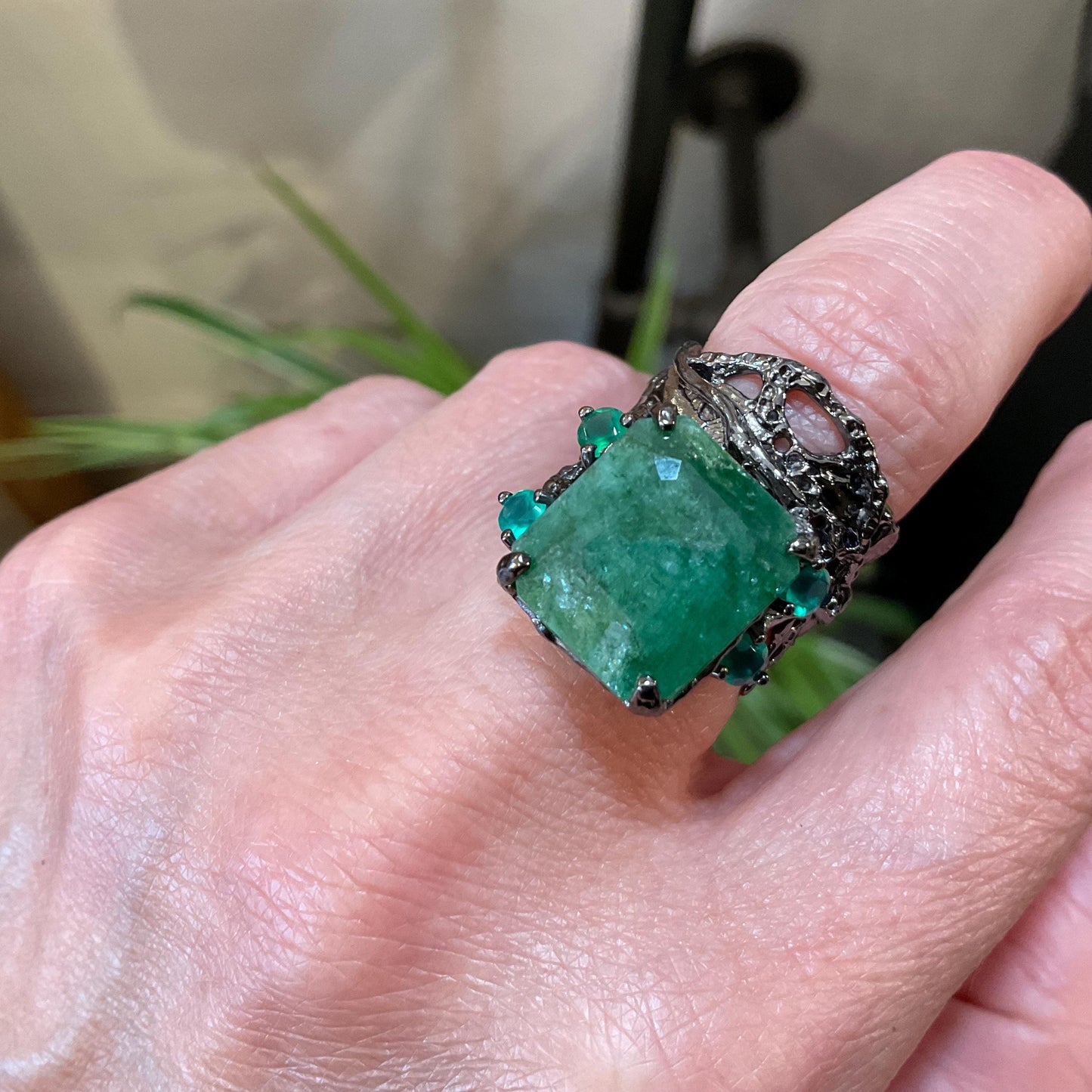 Sterling silver emerald cut green beryl band green onyx Etnika ring 6.5