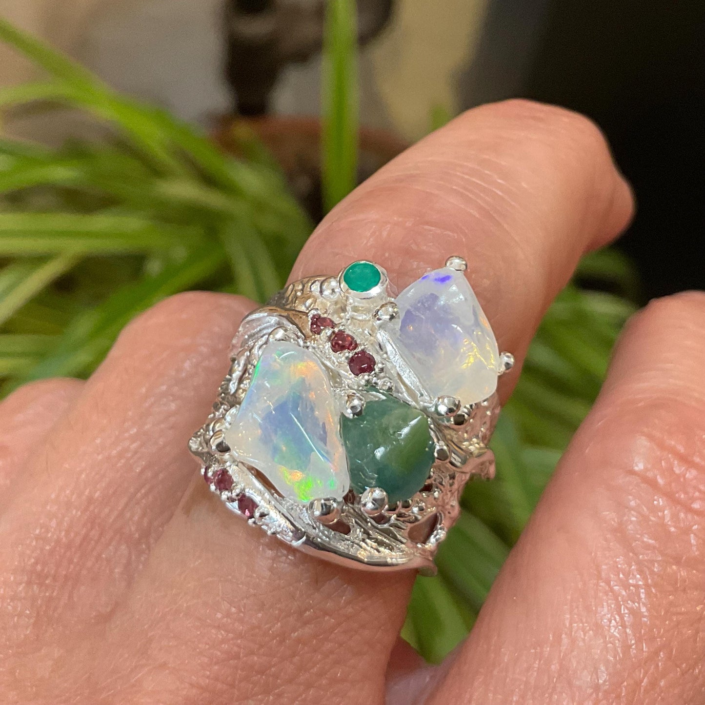 sterling silver rainbow natural rough rainbow rhodolite tourmaline opal band ring 8