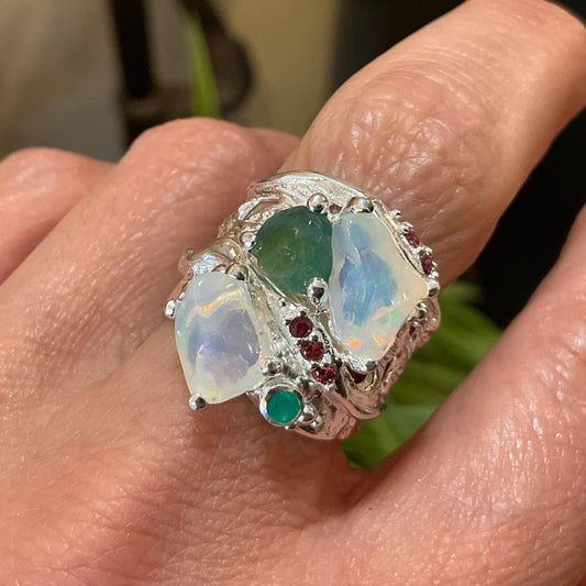 sterling silver rainbow natural rough rainbow rhodolite tourmaline opal band ring 8
