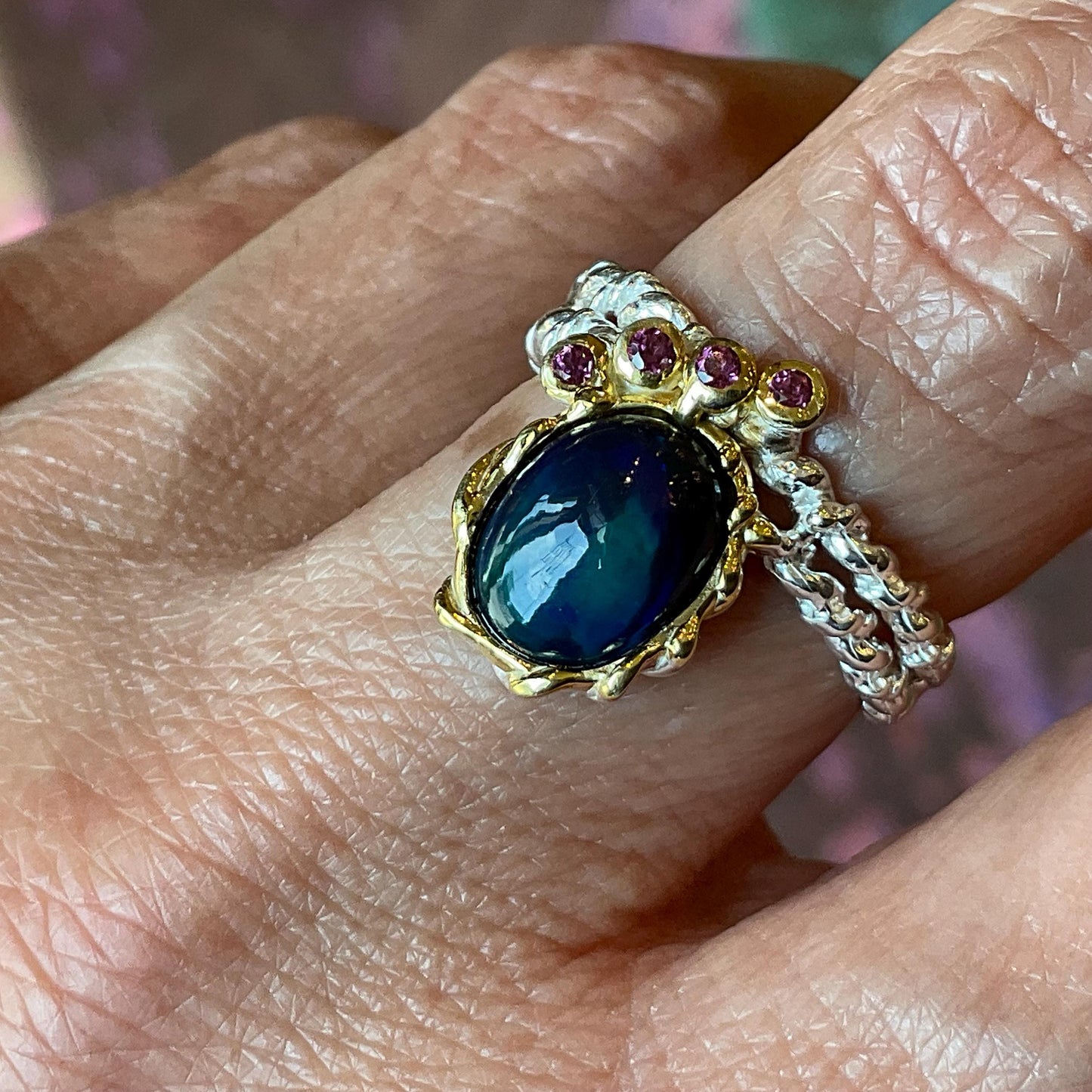 Natural black blue fire opal rhodolite Sterling Silver Ring 7