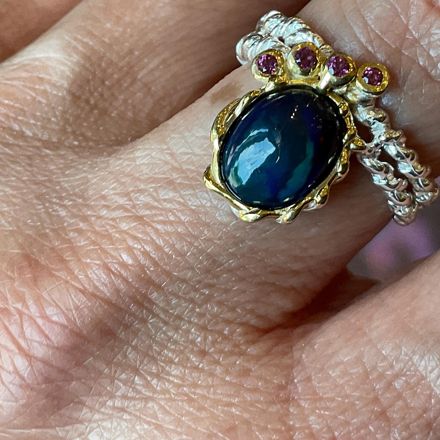 Natural black blue fire opal rhodolite Sterling Silver Ring 7