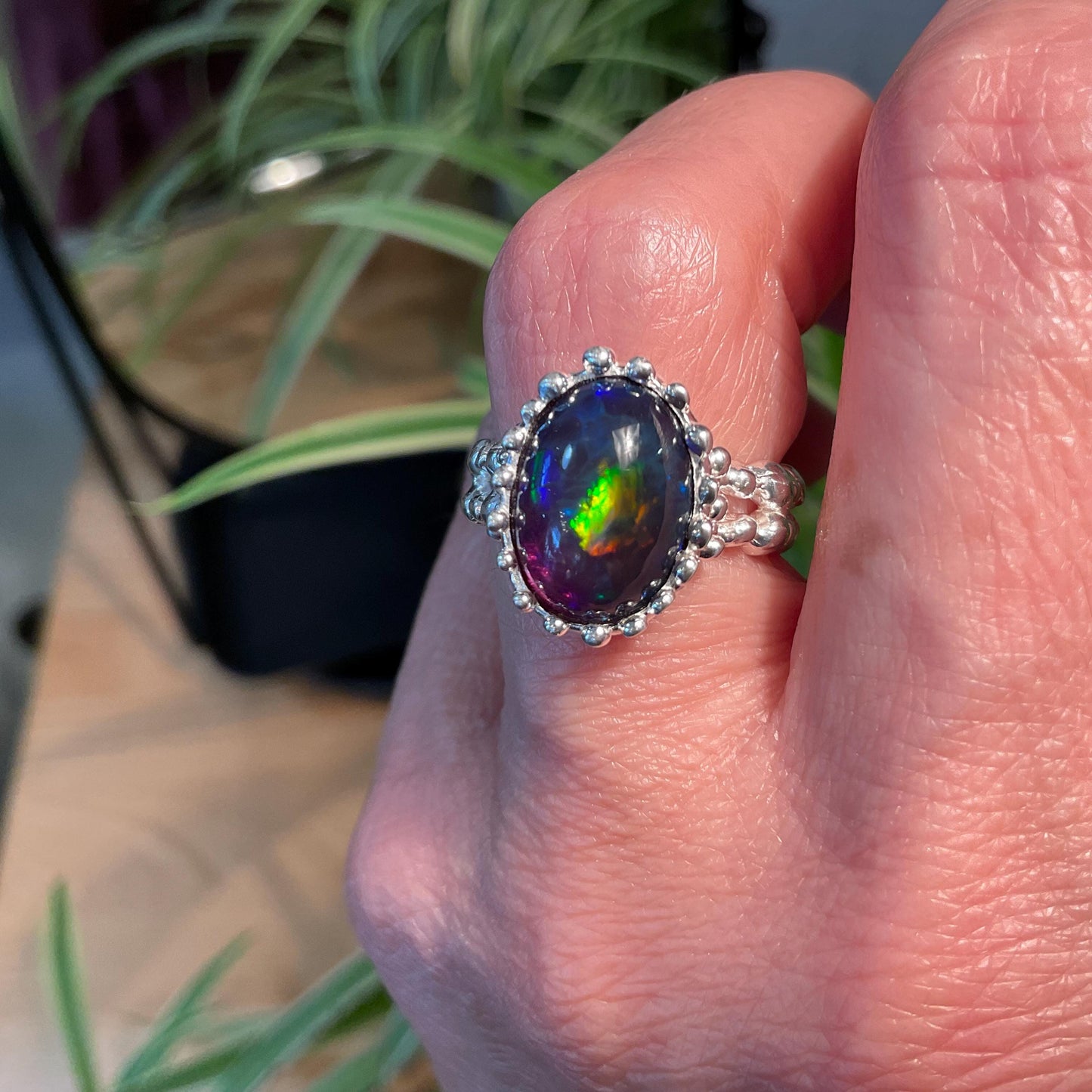 Natural black blue fire opal Sterling Silver Ring 5.5