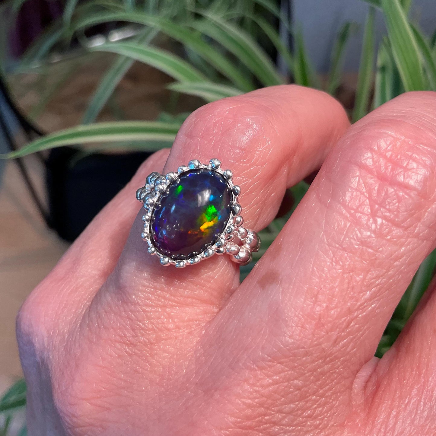 Natural black blue fire opal Sterling Silver Ring 5.5