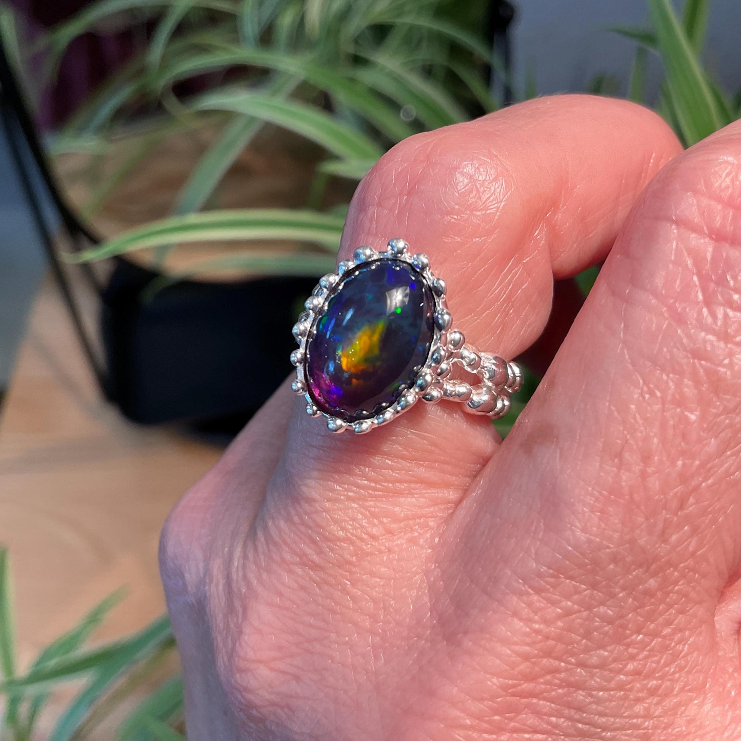 Natural black blue fire opal Sterling Silver Ring 5.5