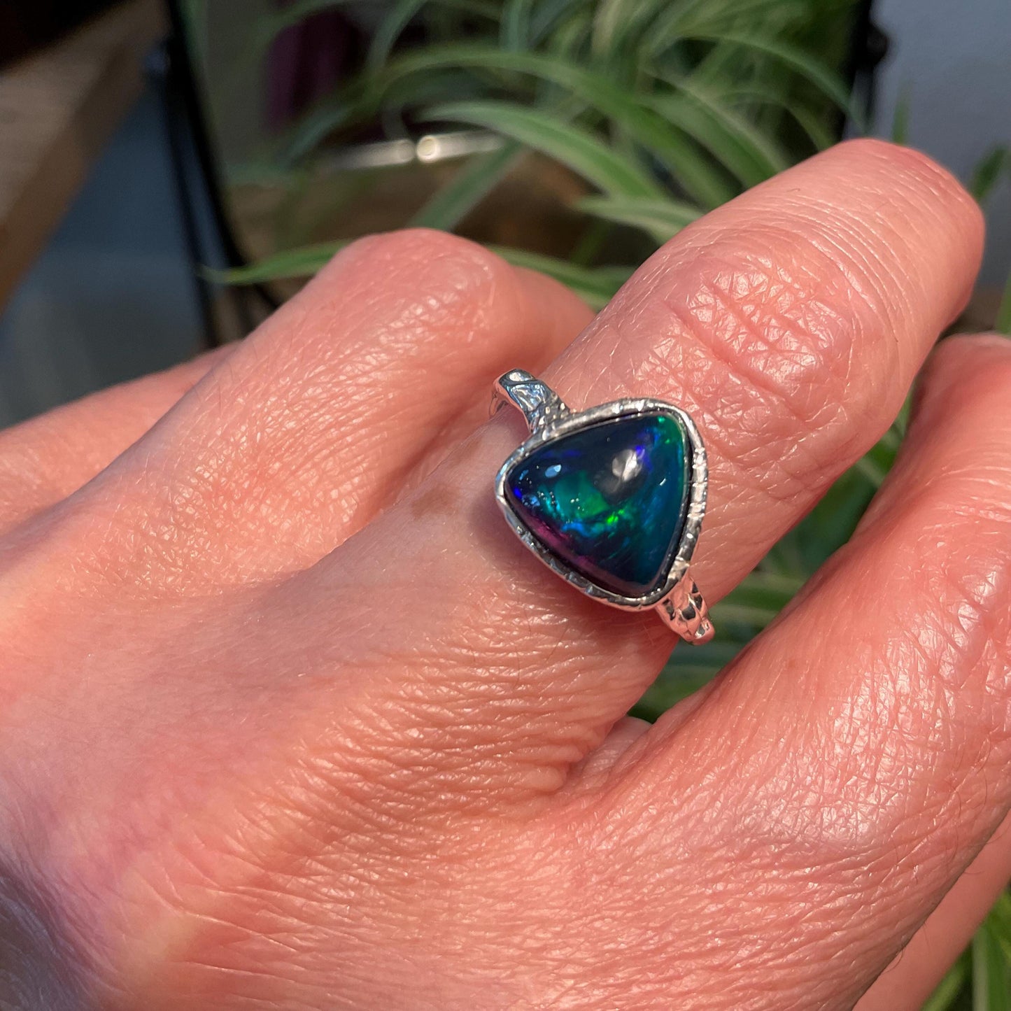 Natural black blue fire opal Sterling Silver Ring 7.5