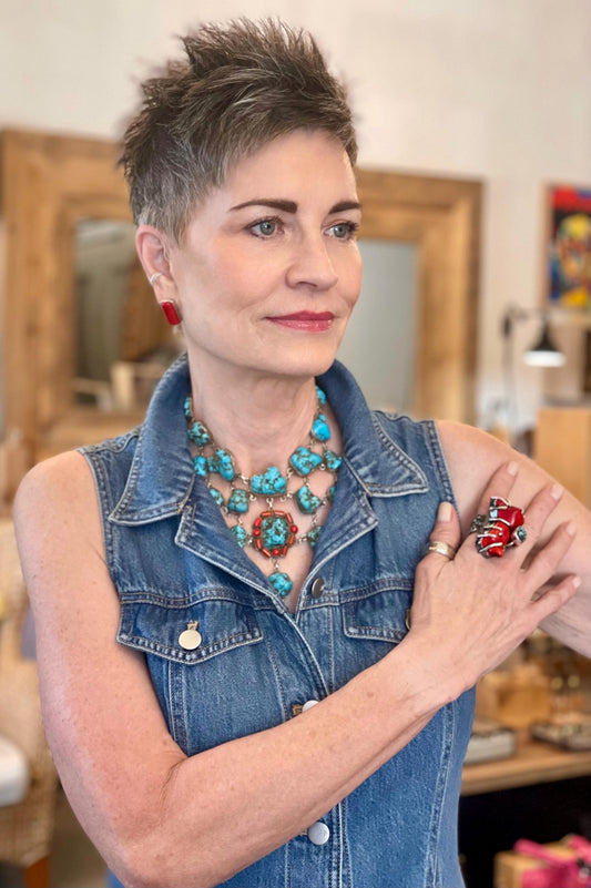 Vintage Sterling Silver rough Turquoise red coral Statement Necklace