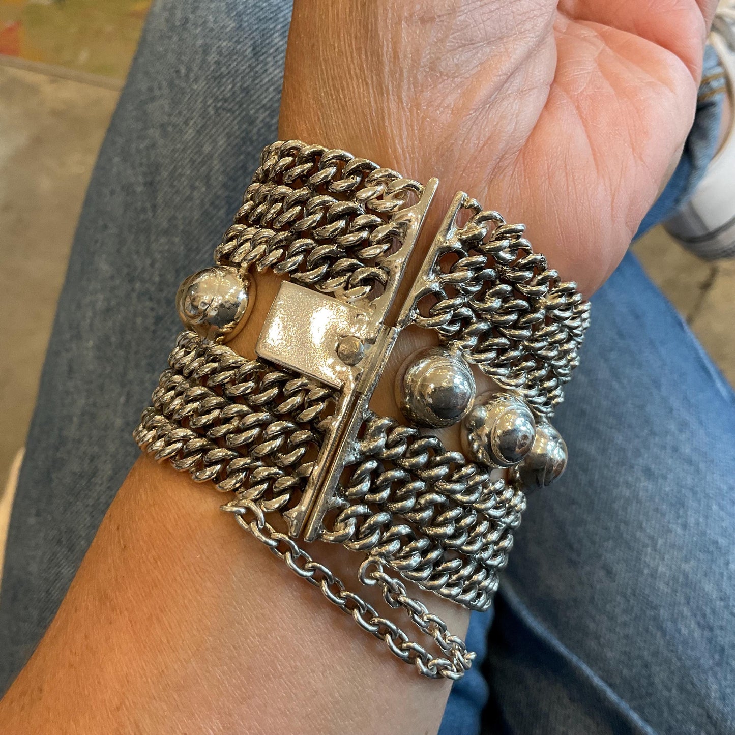 sterling silver modernist vintage dome heavy chain link wide Bracelet