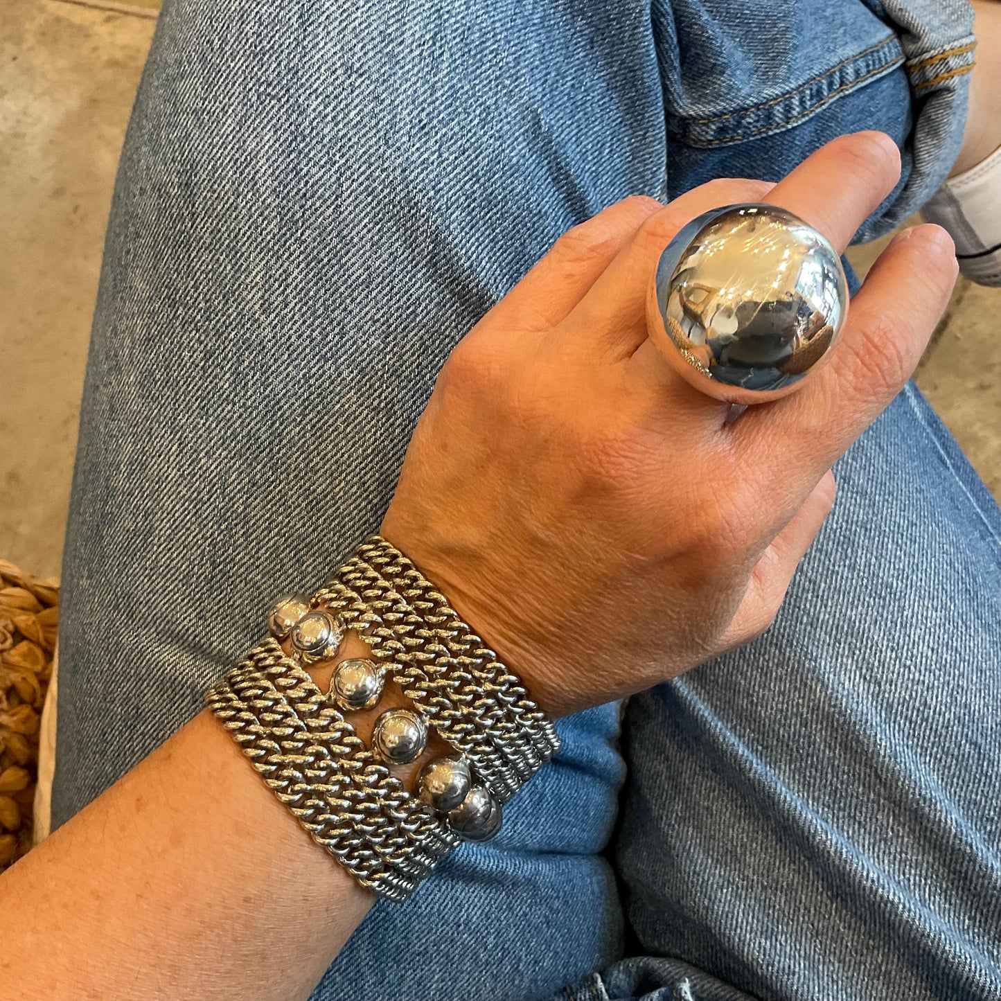 sterling silver modernist vintage dome heavy chain link wide Bracelet