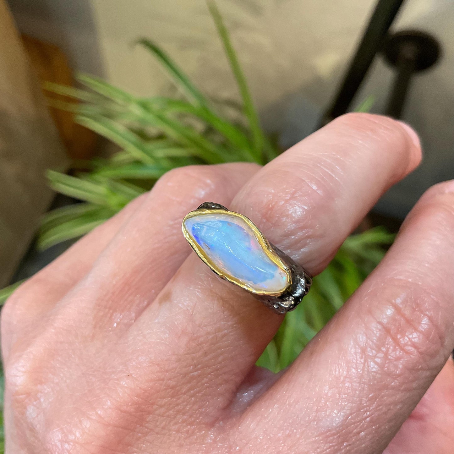 sterling silver natural rough fire opal square band ring 6.5