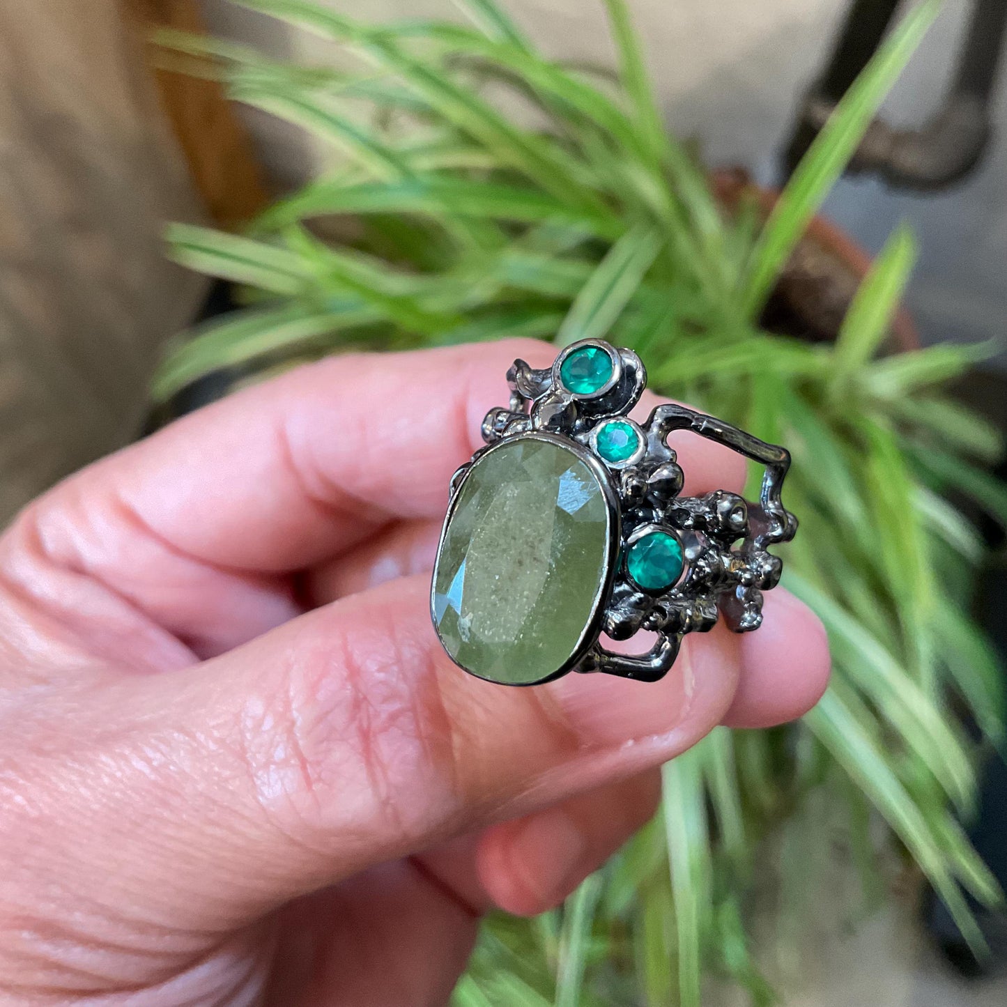 Sterling Silver green natural sapphire green onyx band cuff ring 7