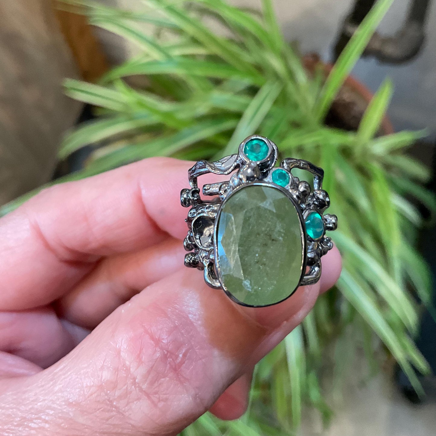 Sterling Silver green natural sapphire green onyx band cuff ring 7