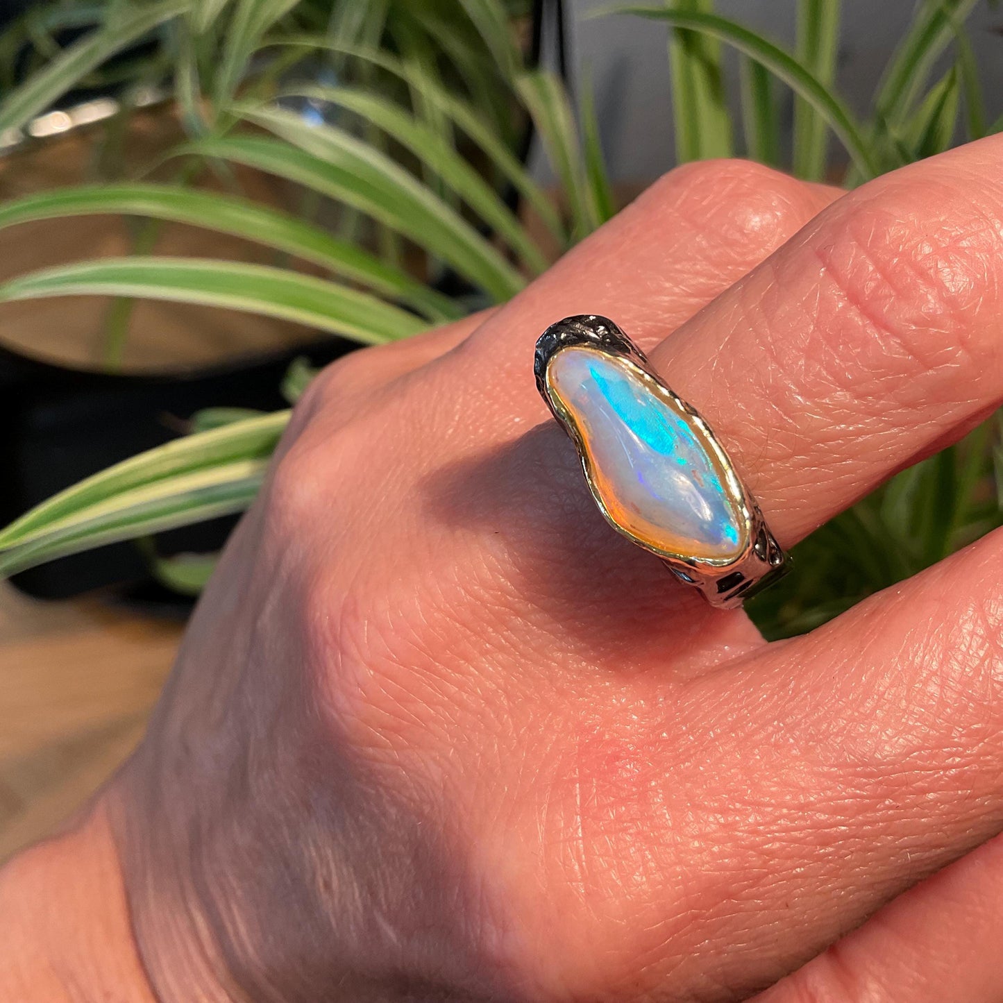 sterling silver natural rough fire opal square band ring 6.5