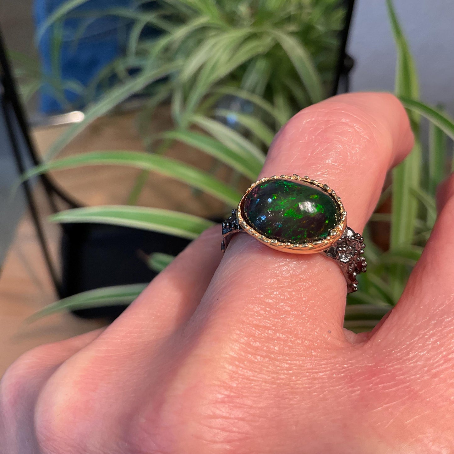 Natural black  fire opal Sterling Silver Ring 7