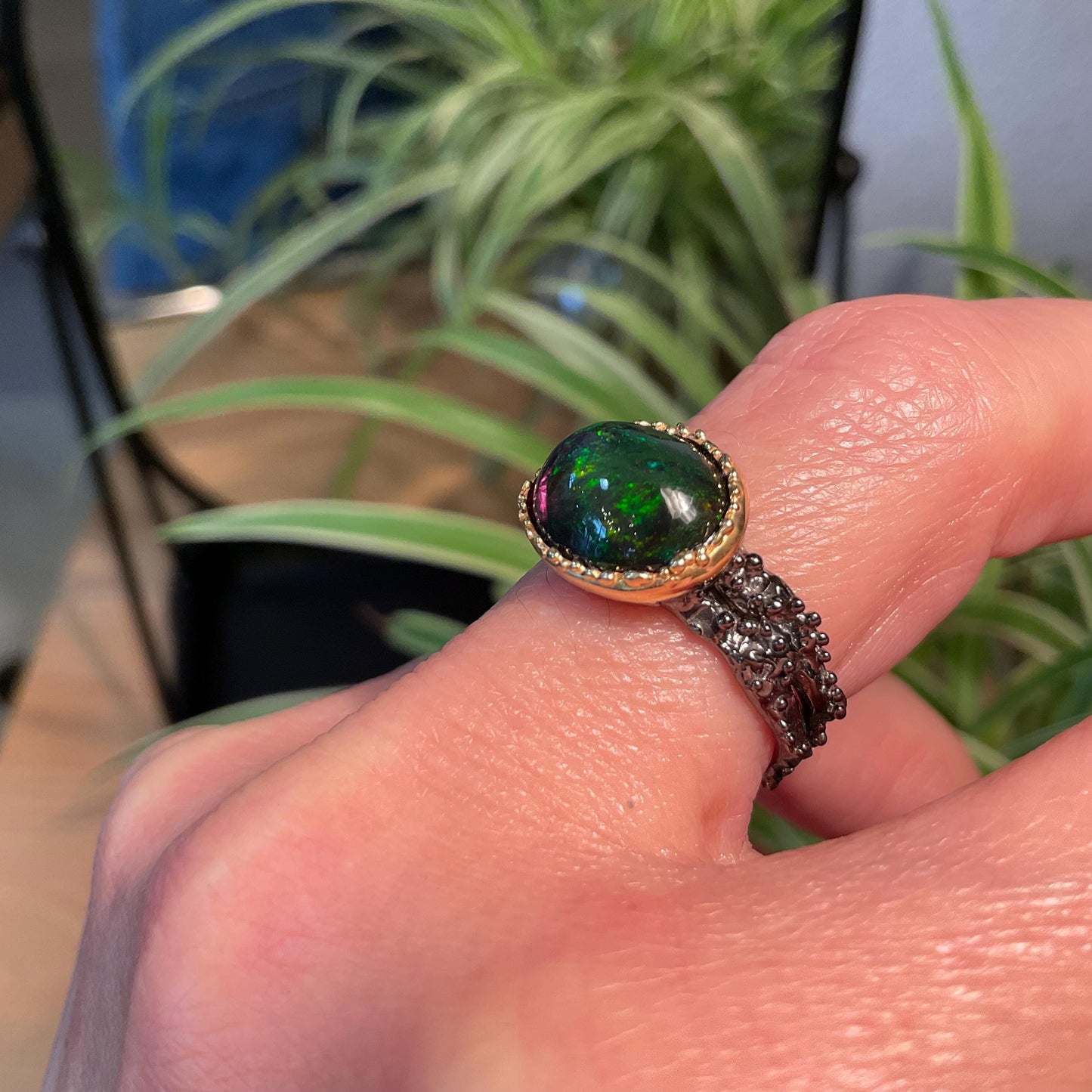 Natural black  fire opal Sterling Silver Ring 7