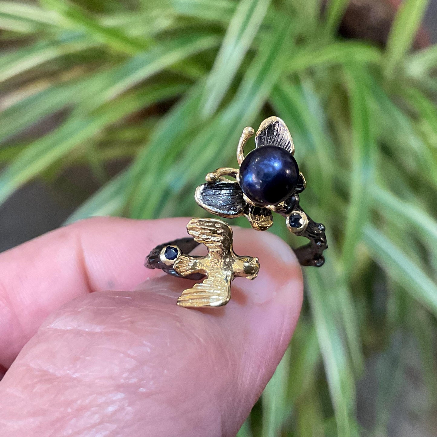 Sterling Silver Butterfly Ring: Black Pearl, Sapphire, Adjustable Bird