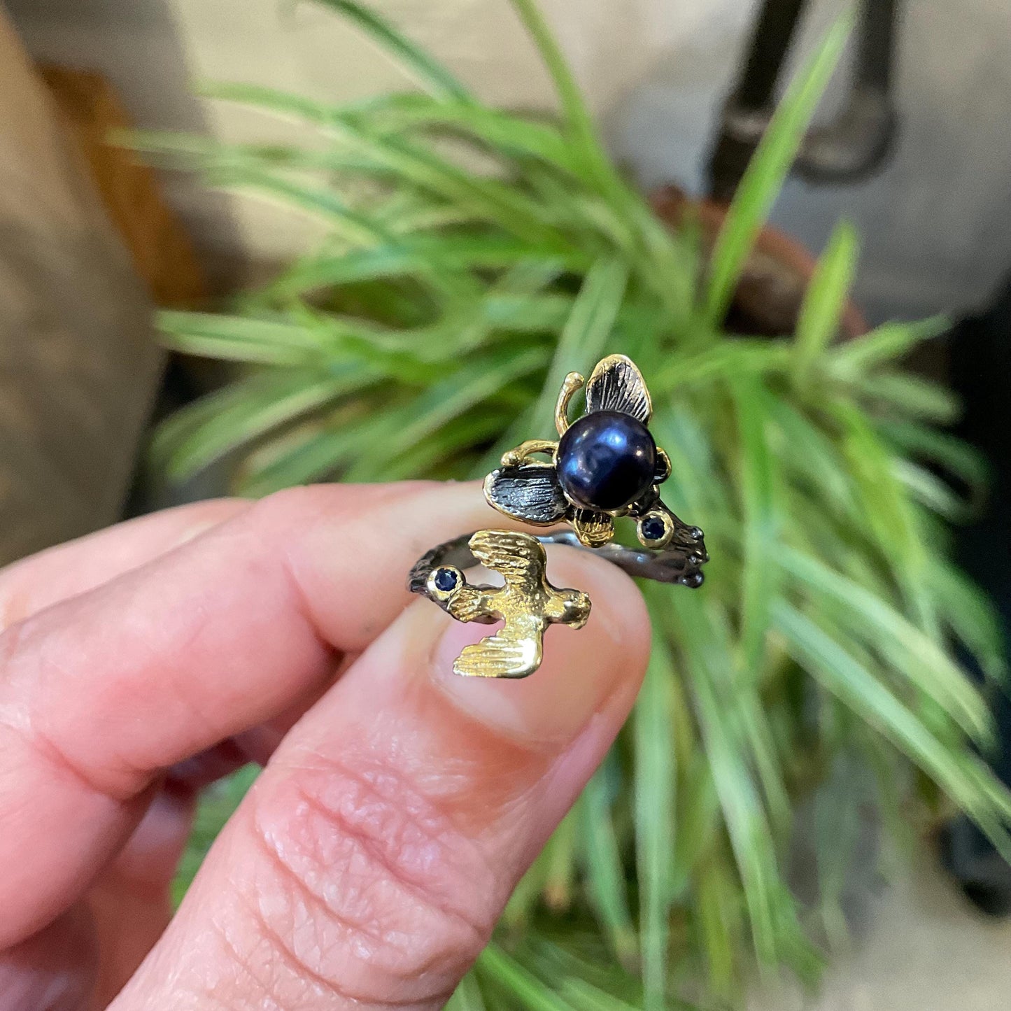 Sterling Silver Butterfly Ring: Black Pearl, Sapphire, Adjustable Bird