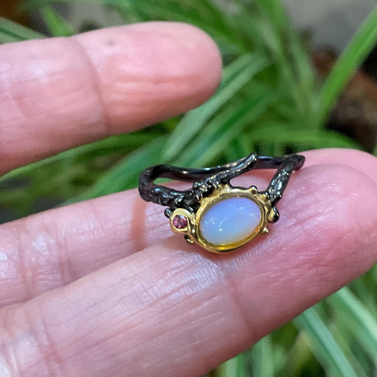 Sterling Silver Natural rainbow opal dainty organic twig Ring 6