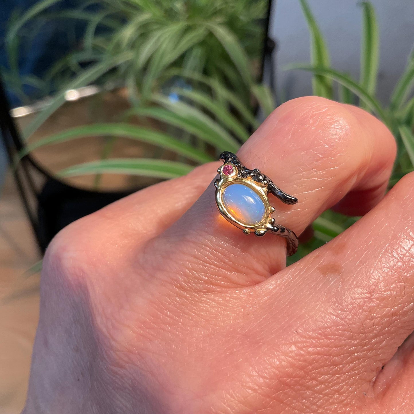 Sterling Silver Natural rainbow opal dainty organic twig Ring 6