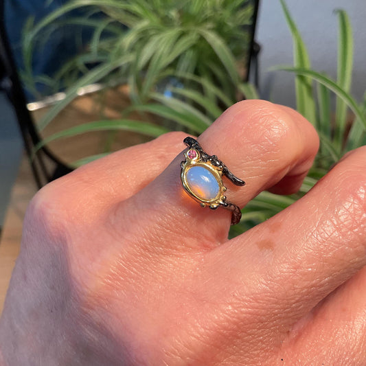 Sterling Silver Natural rainbow opal dainty organic twig Ring 6