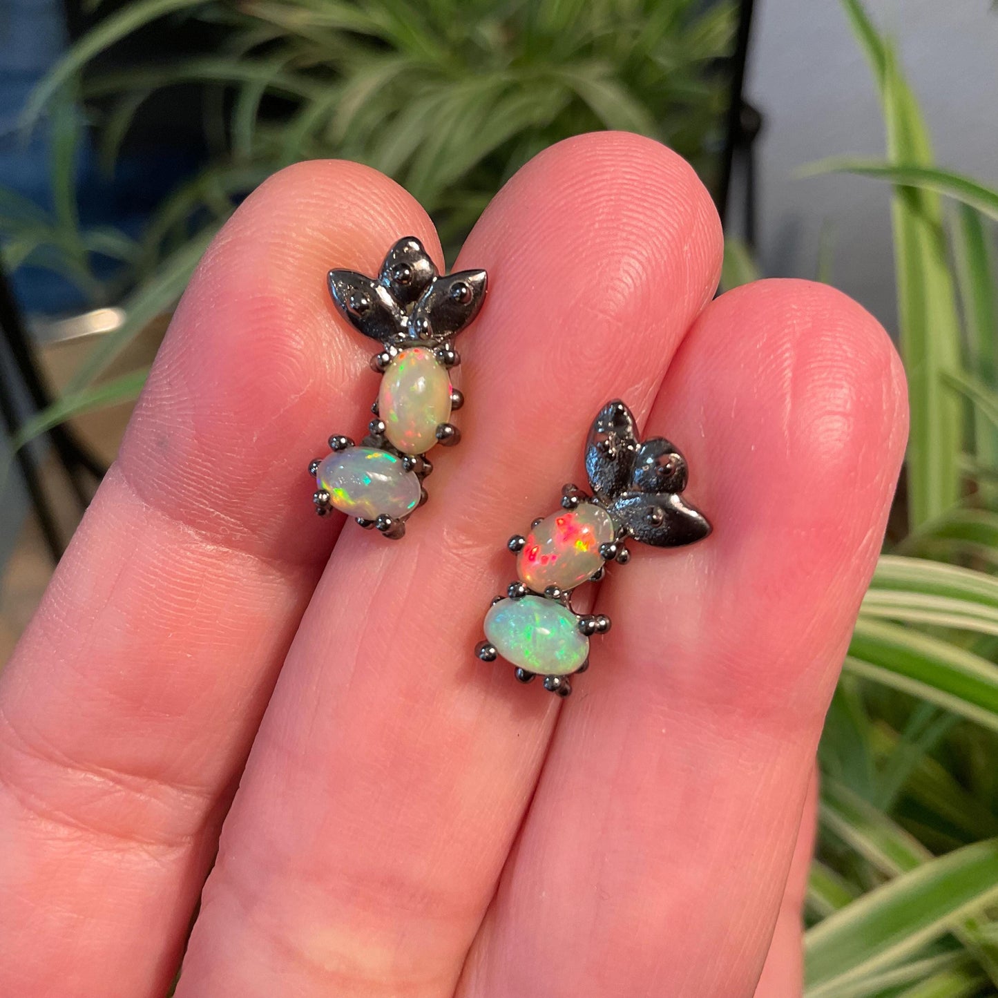 sterling silver rainbow natural opal Stud earrings