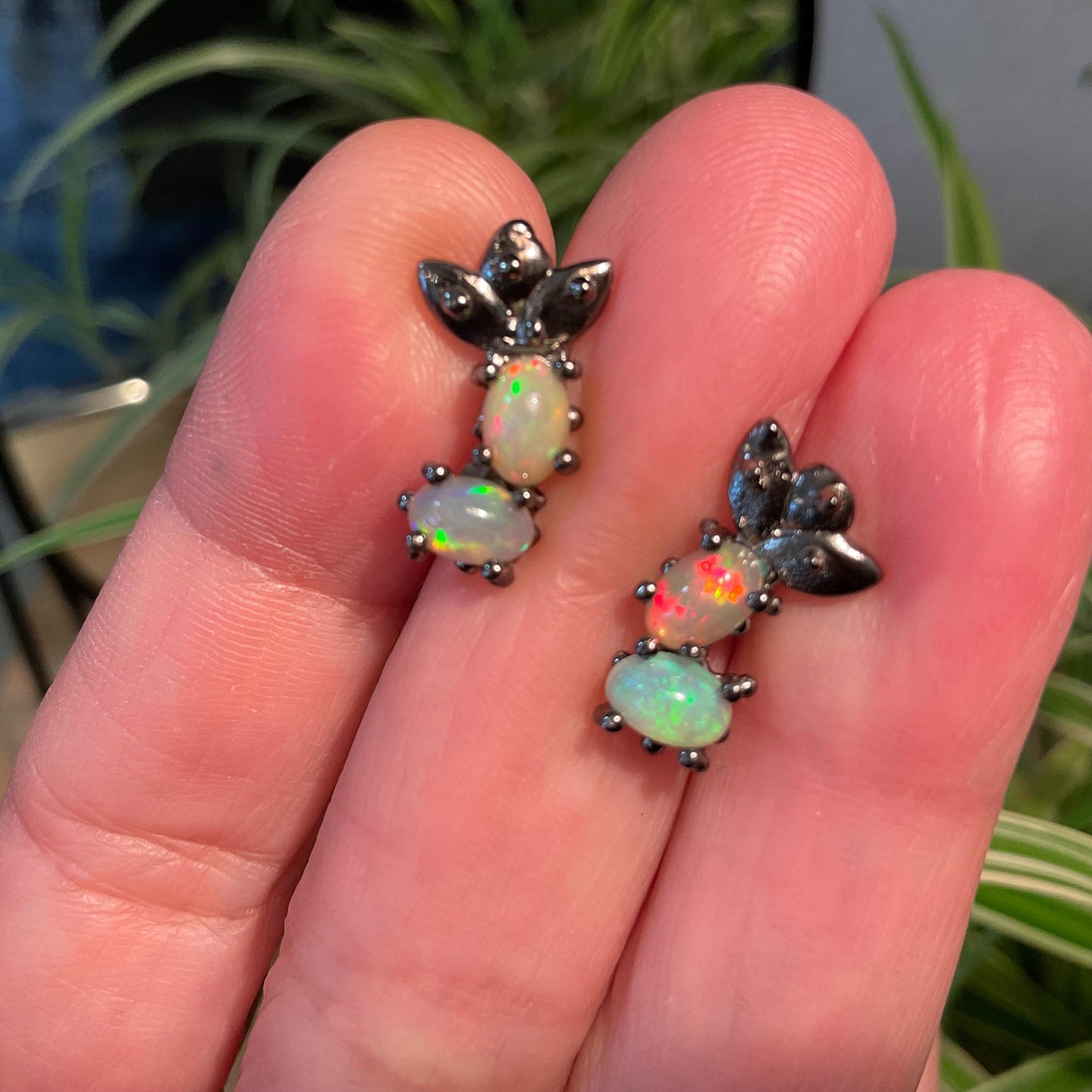 sterling silver rainbow natural opal Stud earrings