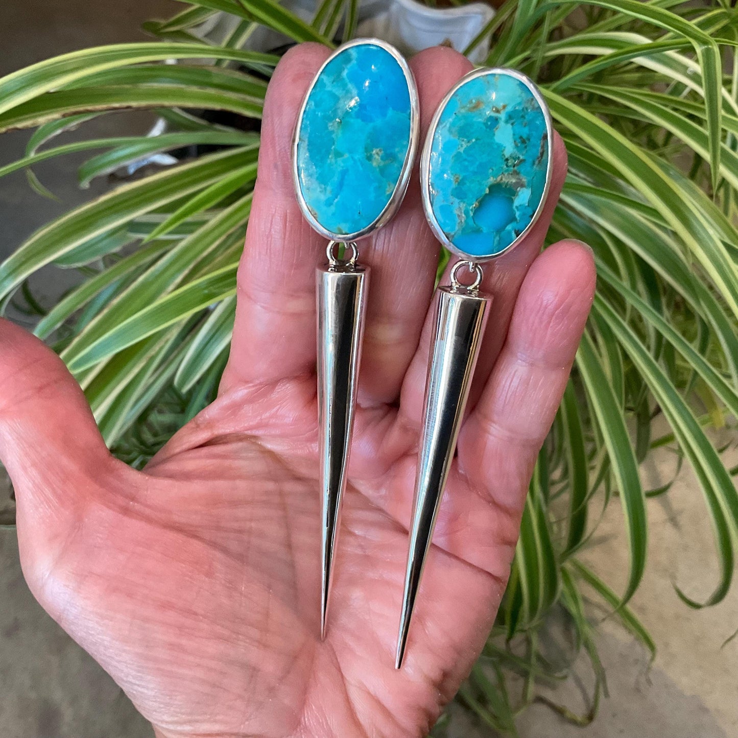 Sterling Silver large kingman turquoise long dangle spike earrings 4.5” long