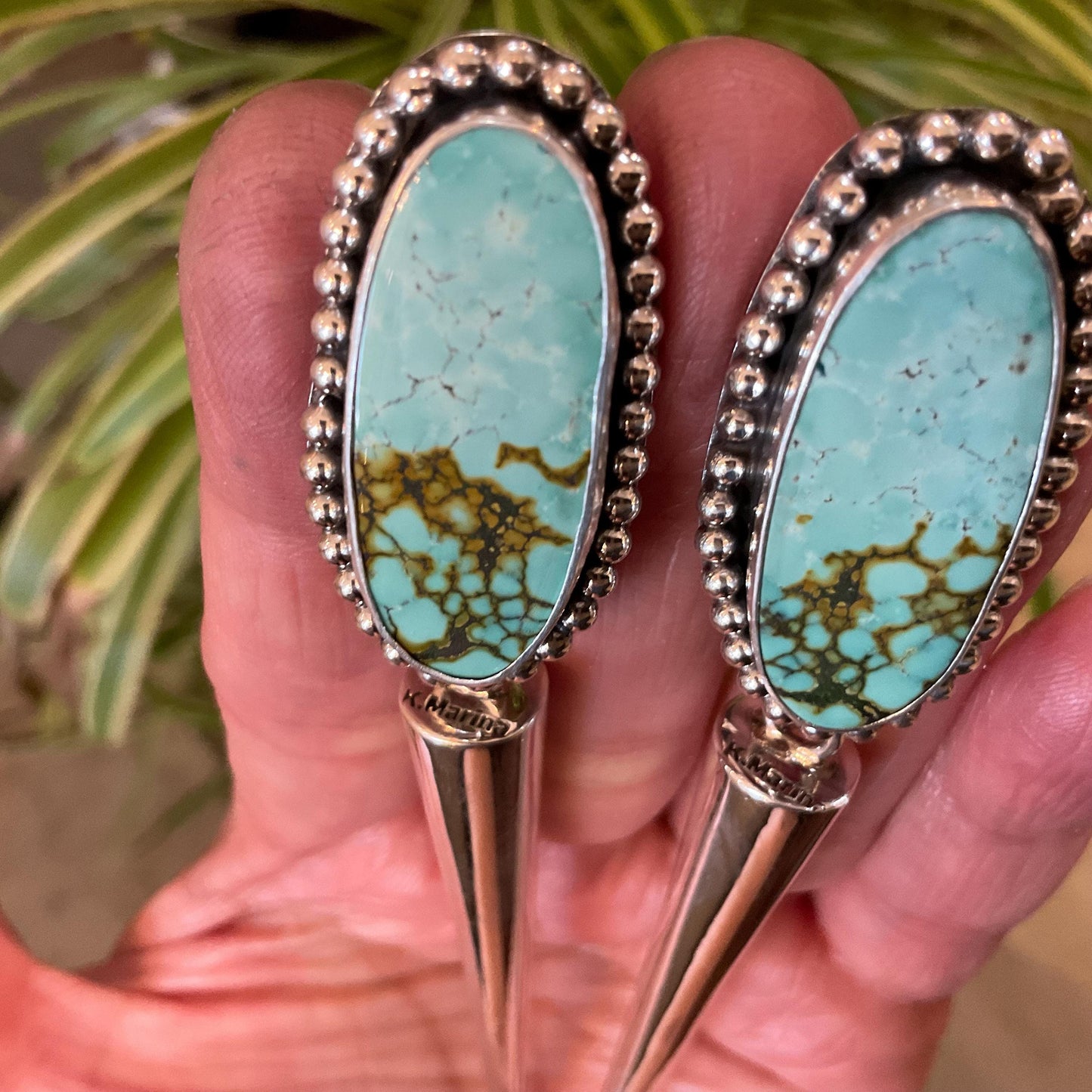 Sterling Silver large turquoise long dangle spike earrings 4.5” long