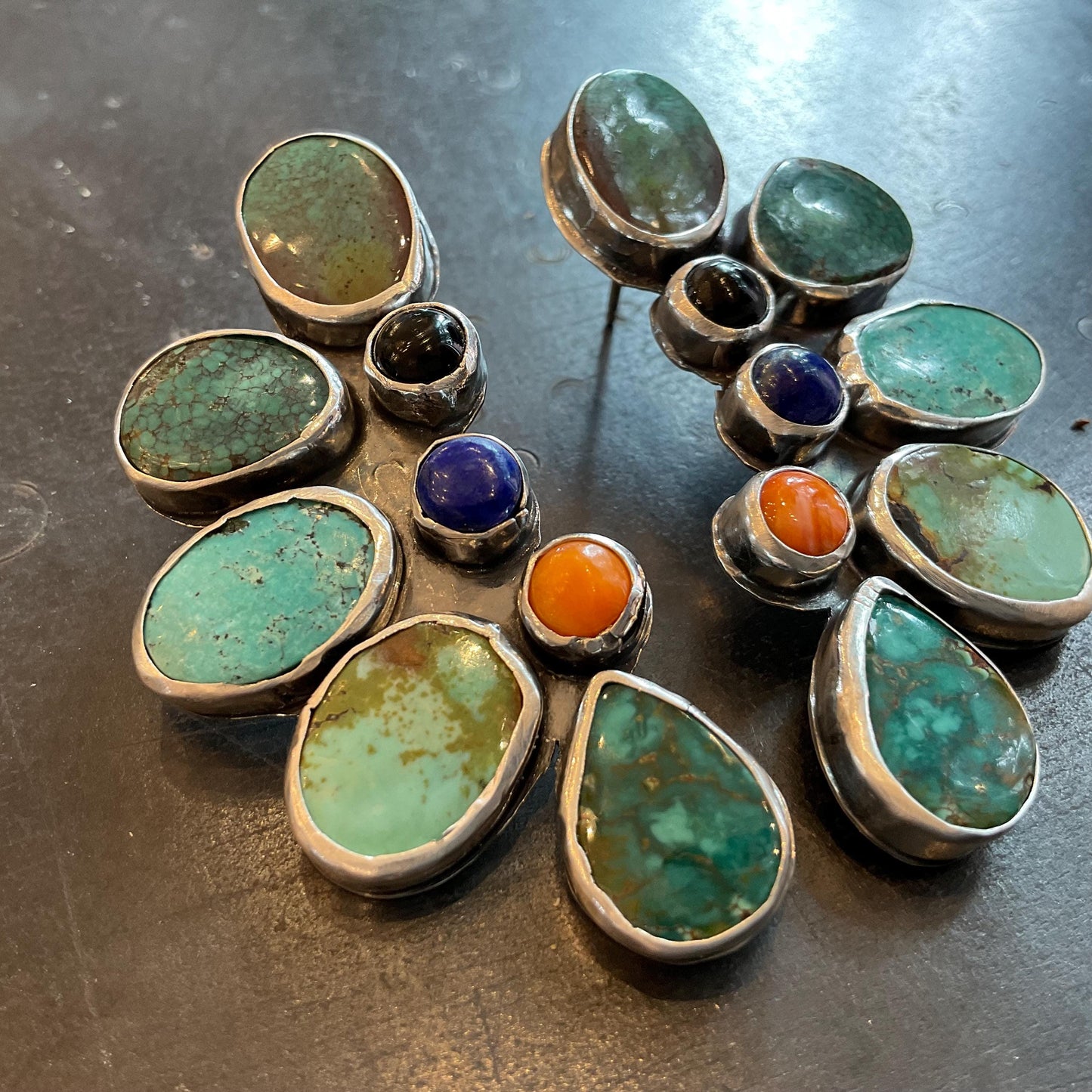 Sterling  Silver mix turquoise large cluster statement post earrings