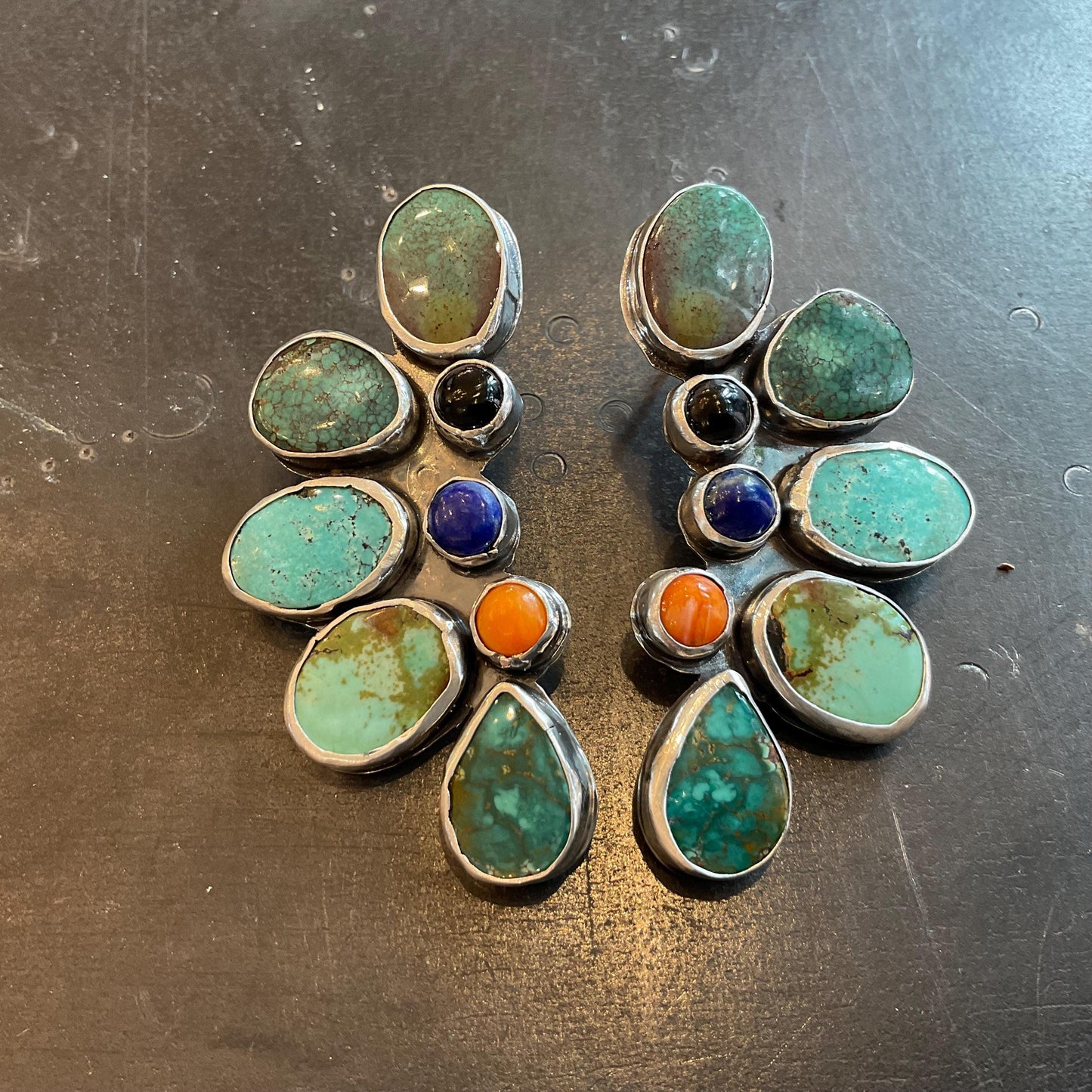 Sterling  Silver mix turquoise large cluster statement post earrings