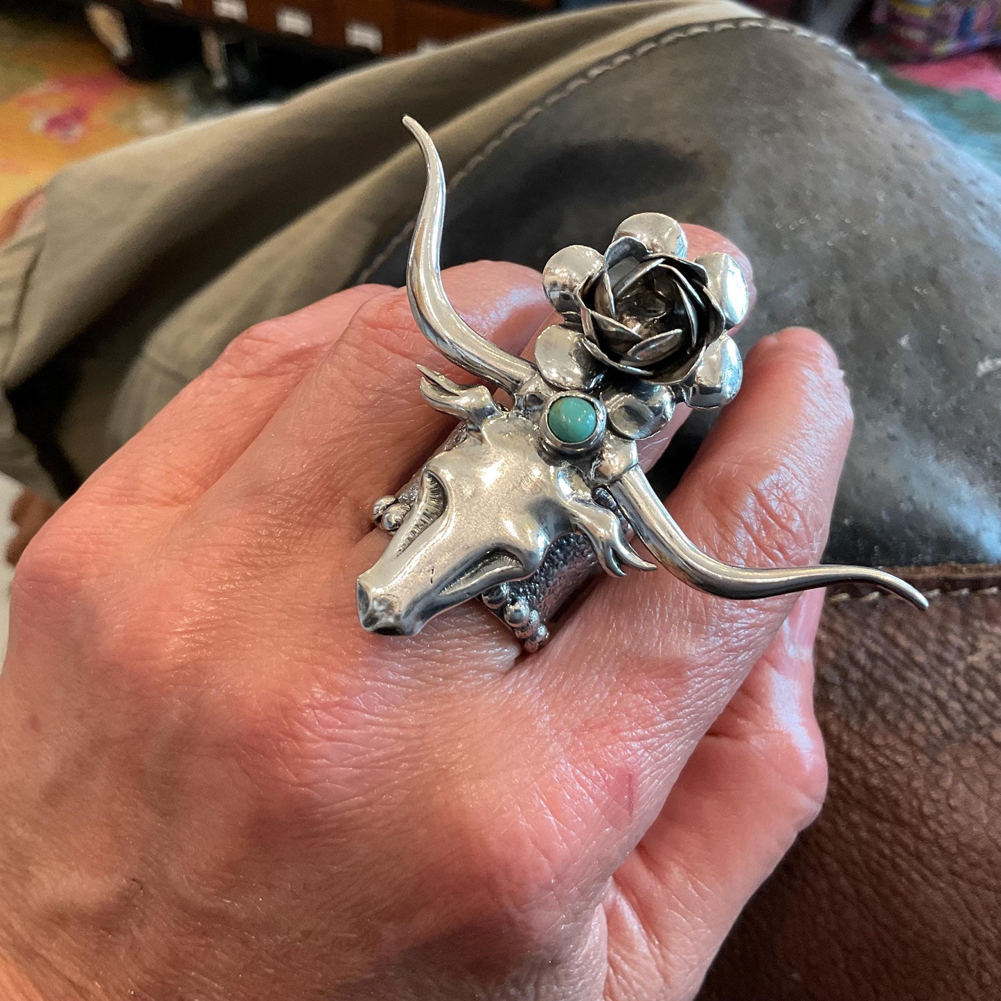 Turquoise Sterling Statement long horn wester turquoise adjustable cuff ring