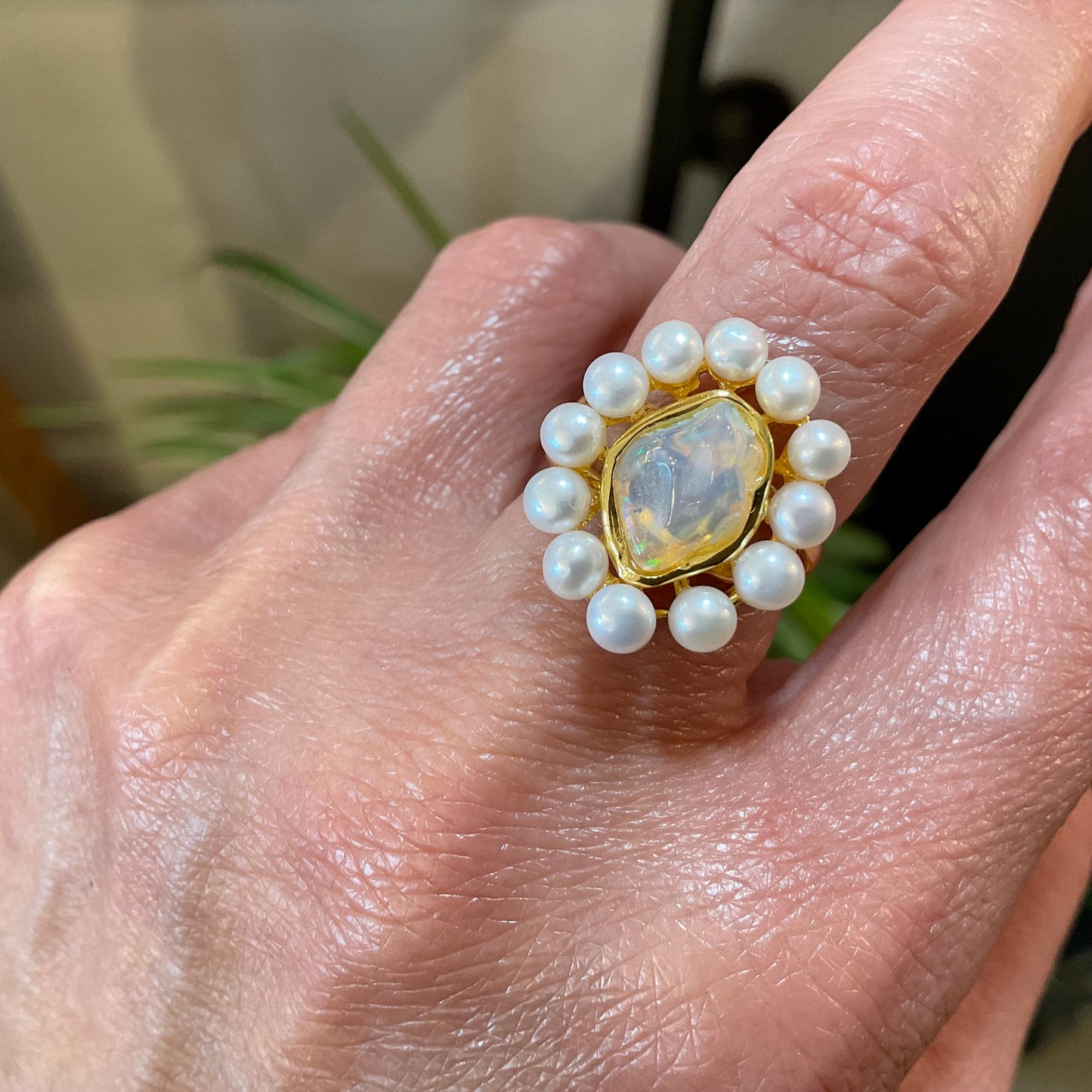 sterling silver white natural pearl dainty rainbow opal gold ring 6.5