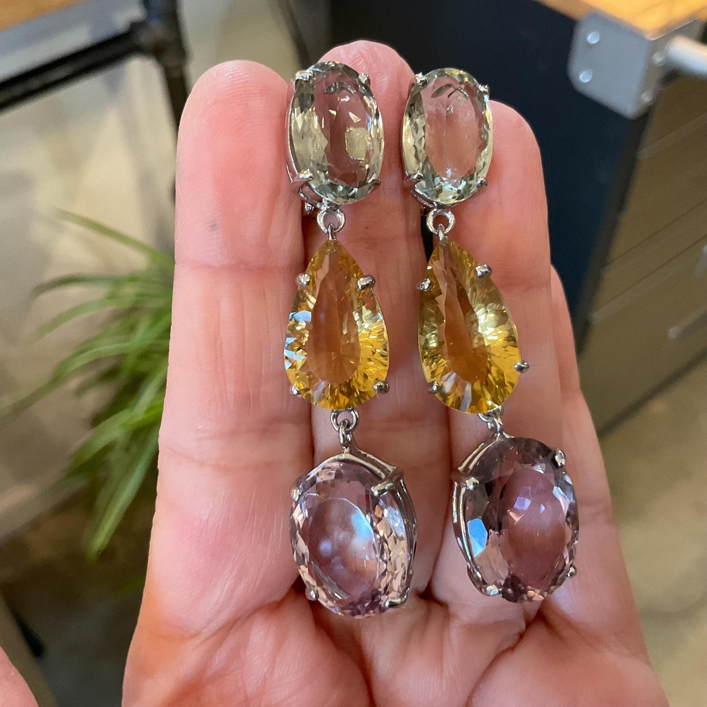 Sterling silver Ametrine citrine green amethyst dangle fancy earrings