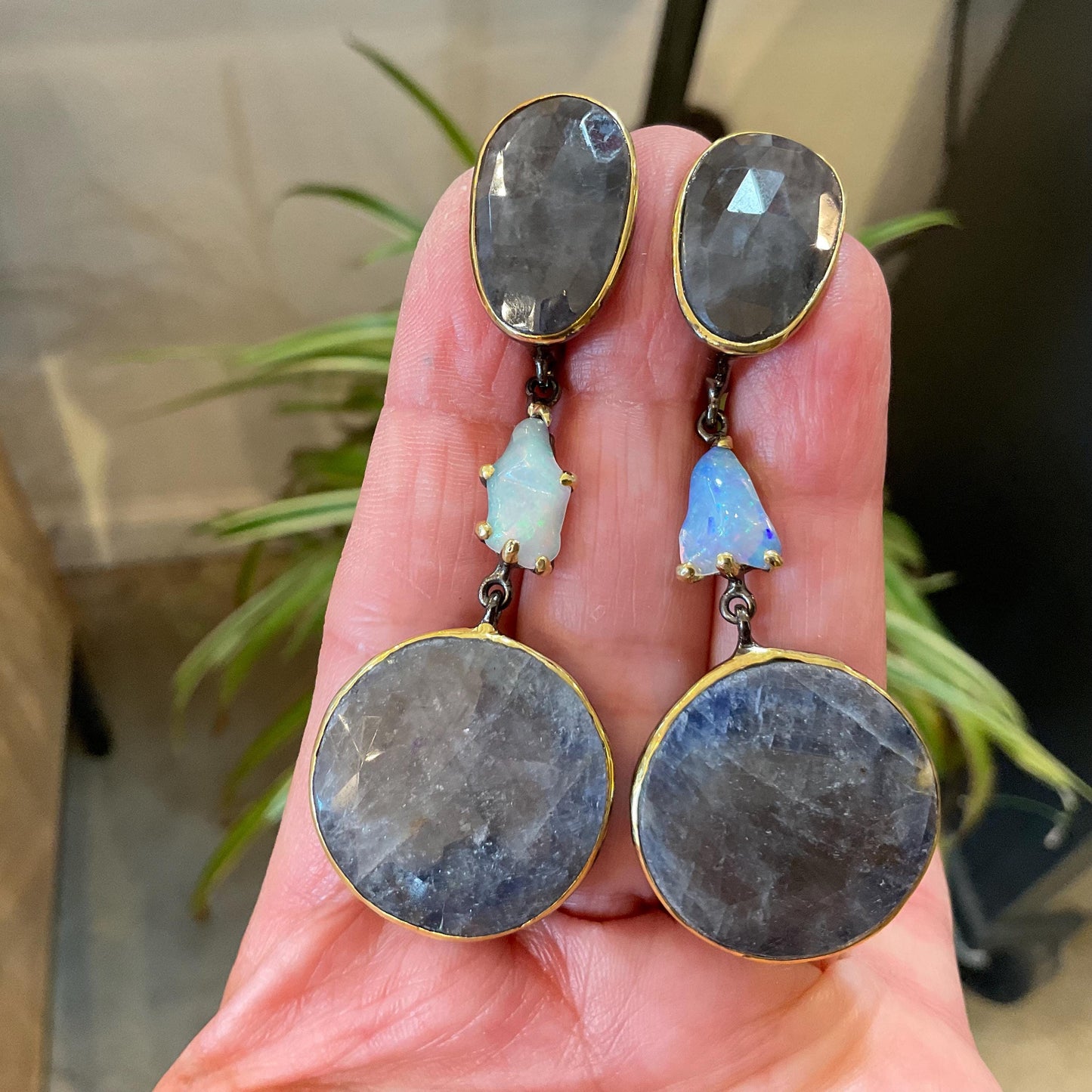 sterling silver statement natural sapphire opal large dangle earrings