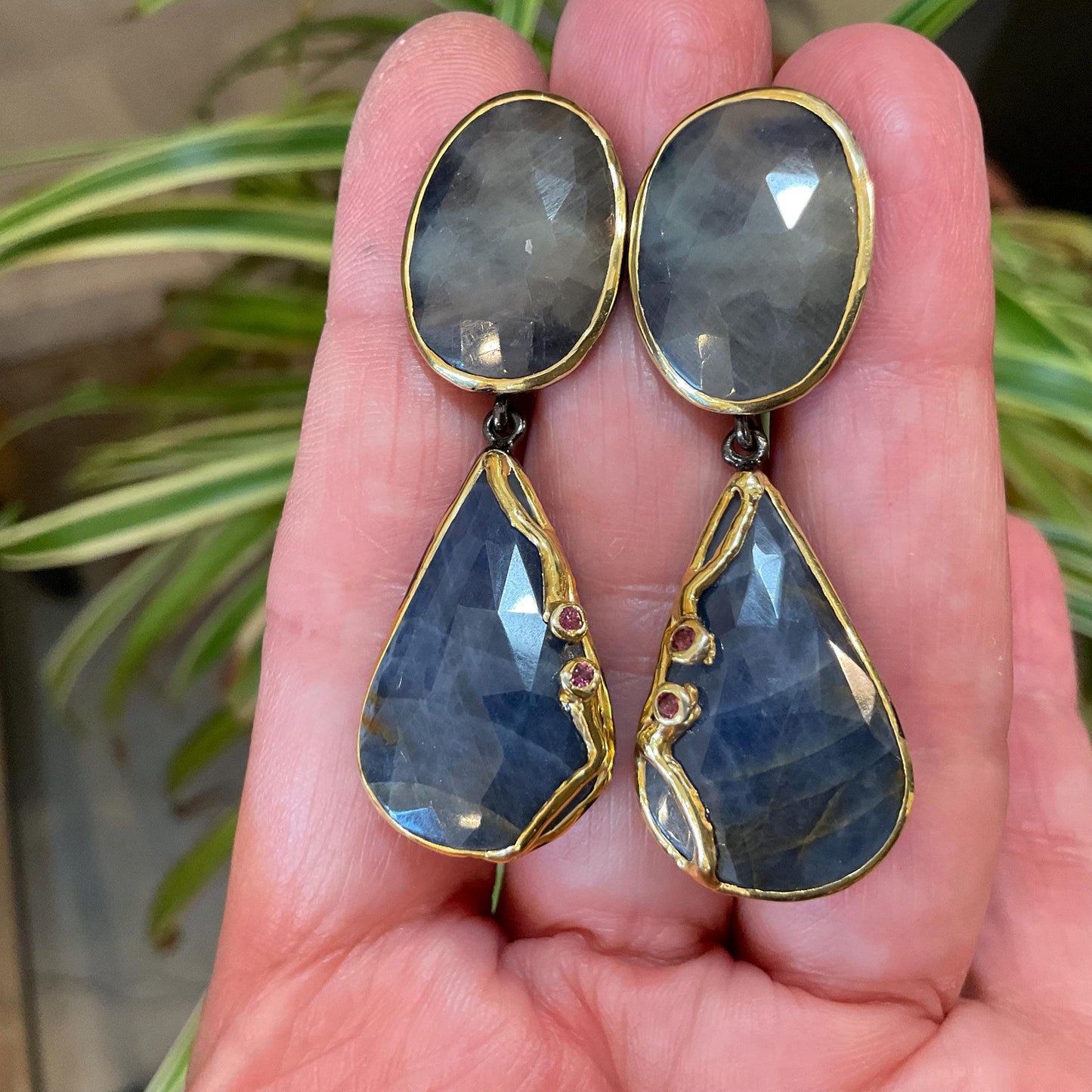 sterling silver statement natural sapphire rhodolite  dangle earrings