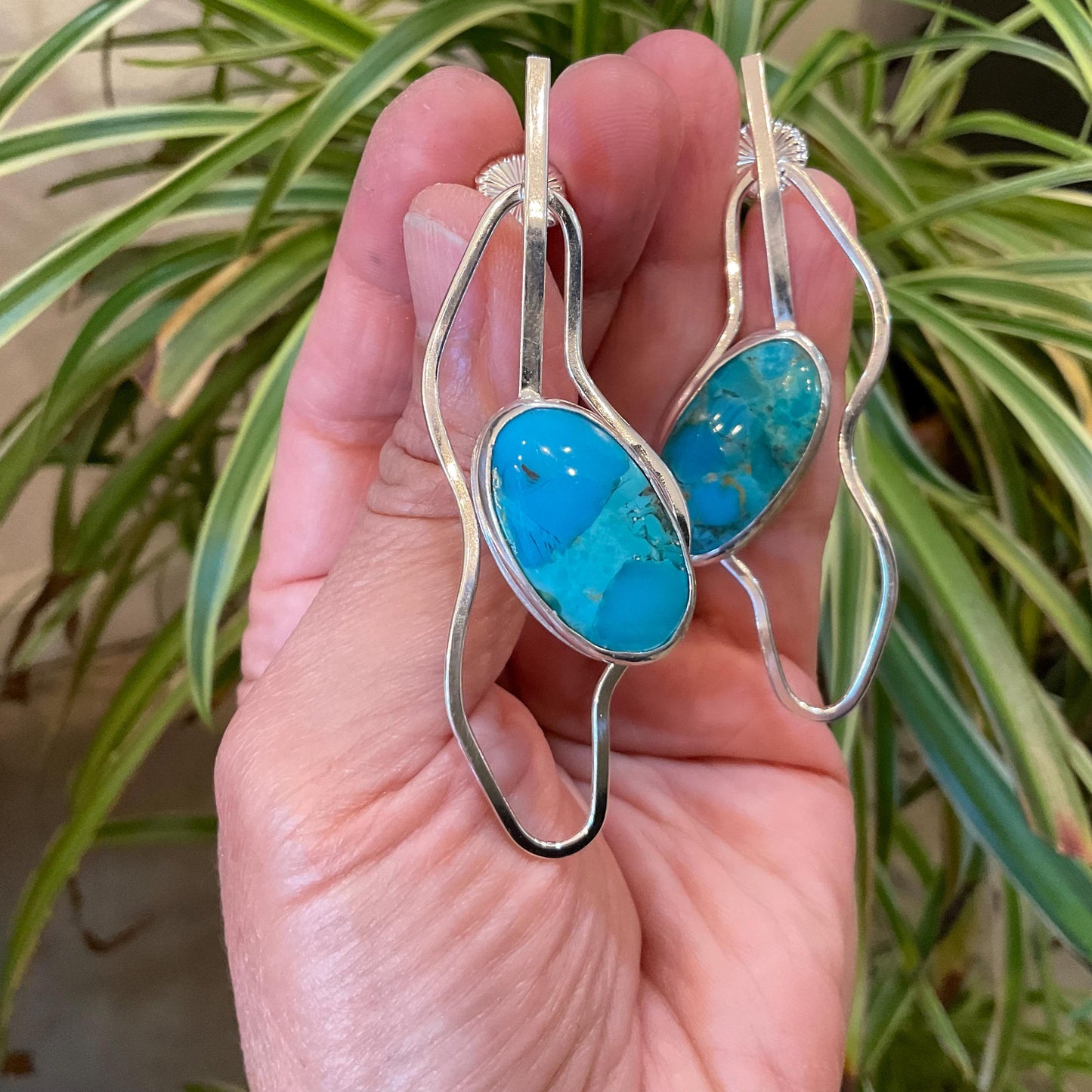 Sterling Silver large kingman turquoise modernist post  earrings 3”