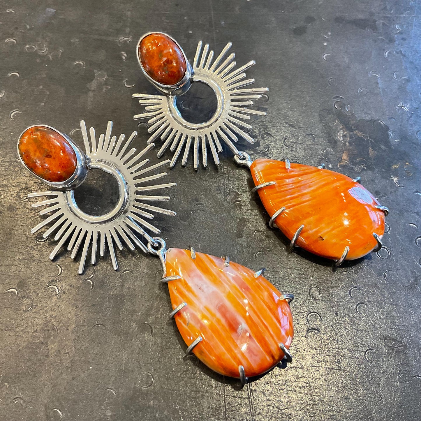 Sterling Silver large orange spiny oyster coral sunburst dangle earrings 3”