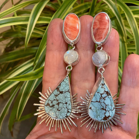 Sterling Silver turquoise spiny oyster moonstone sunburst dangle earrings