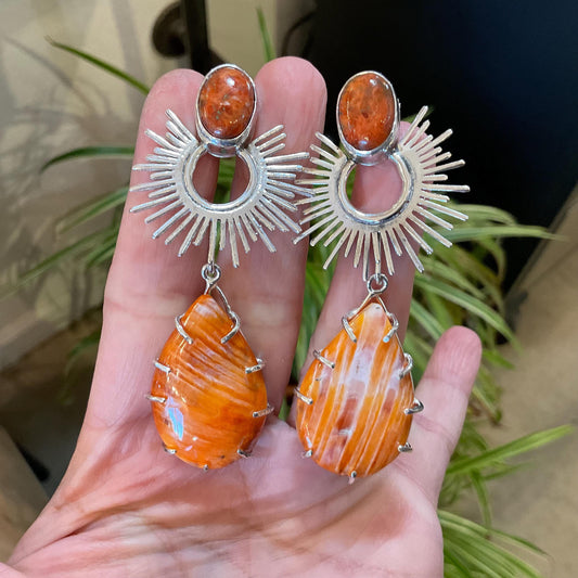 Sterling Silver large orange spiny oyster coral sunburst dangle earrings 3”