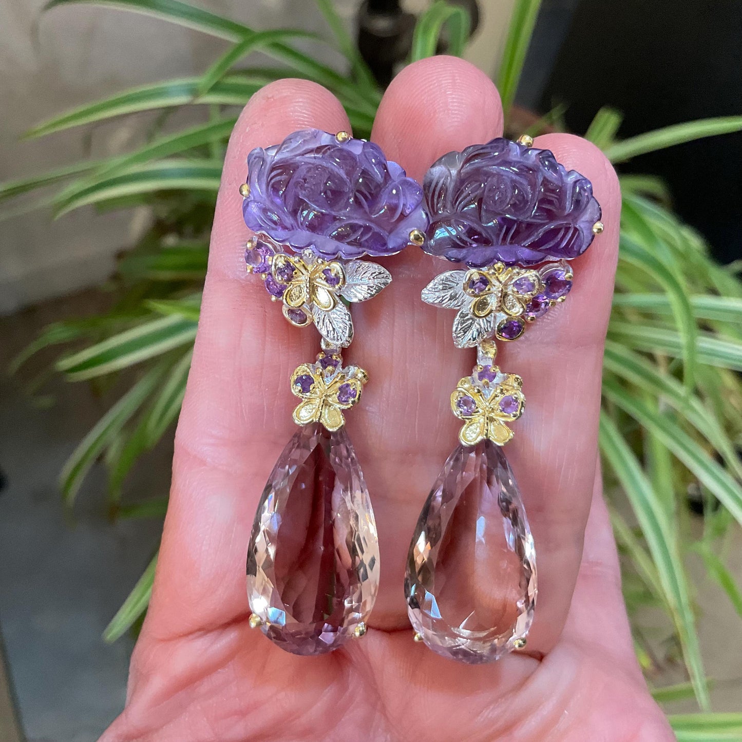 Sterling silver Ametrine pear shape carved flower large dangle butterfly earrings