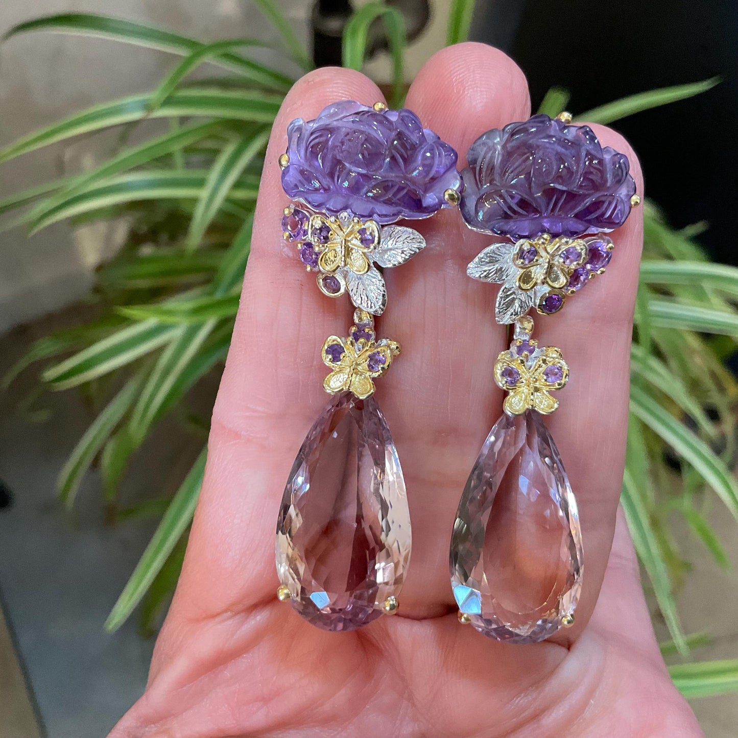 Sterling silver Ametrine pear shape carved flower large dangle butterfly earrings