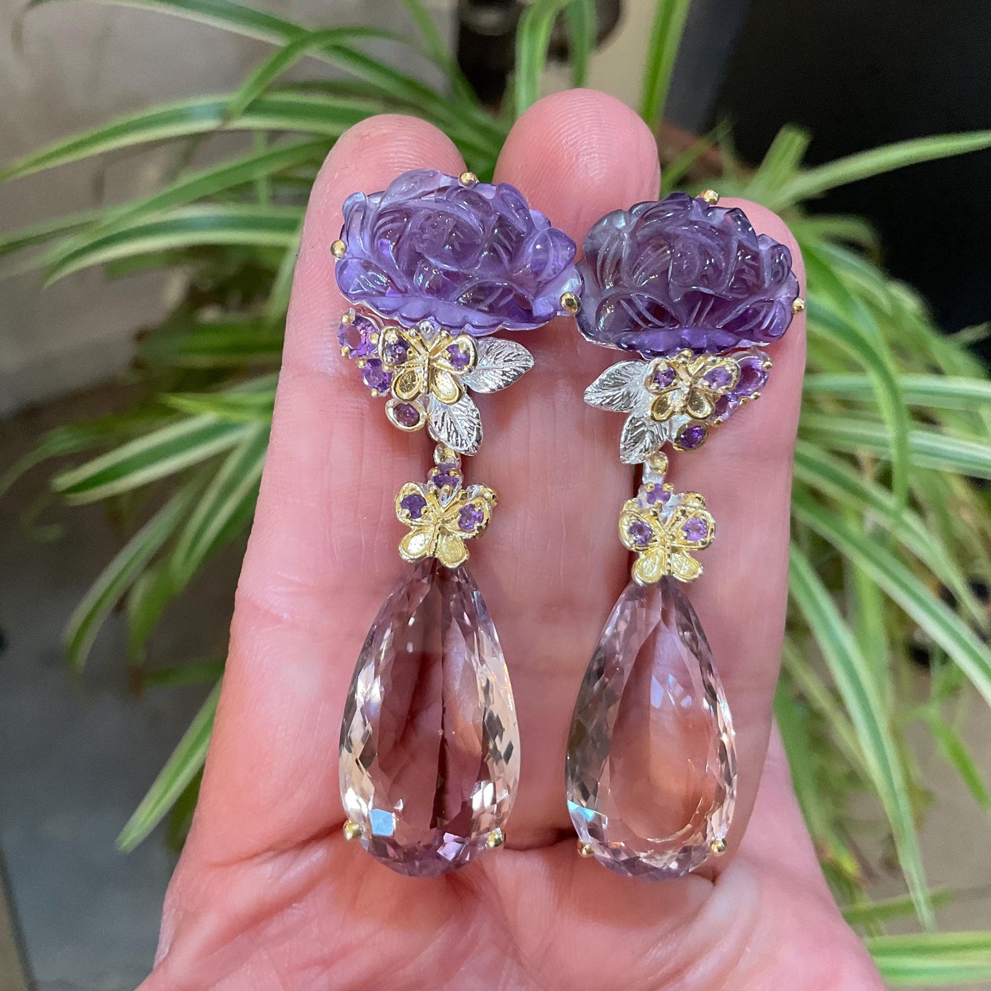 Sterling silver Ametrine pear shape carved flower large dangle butterfly earrings