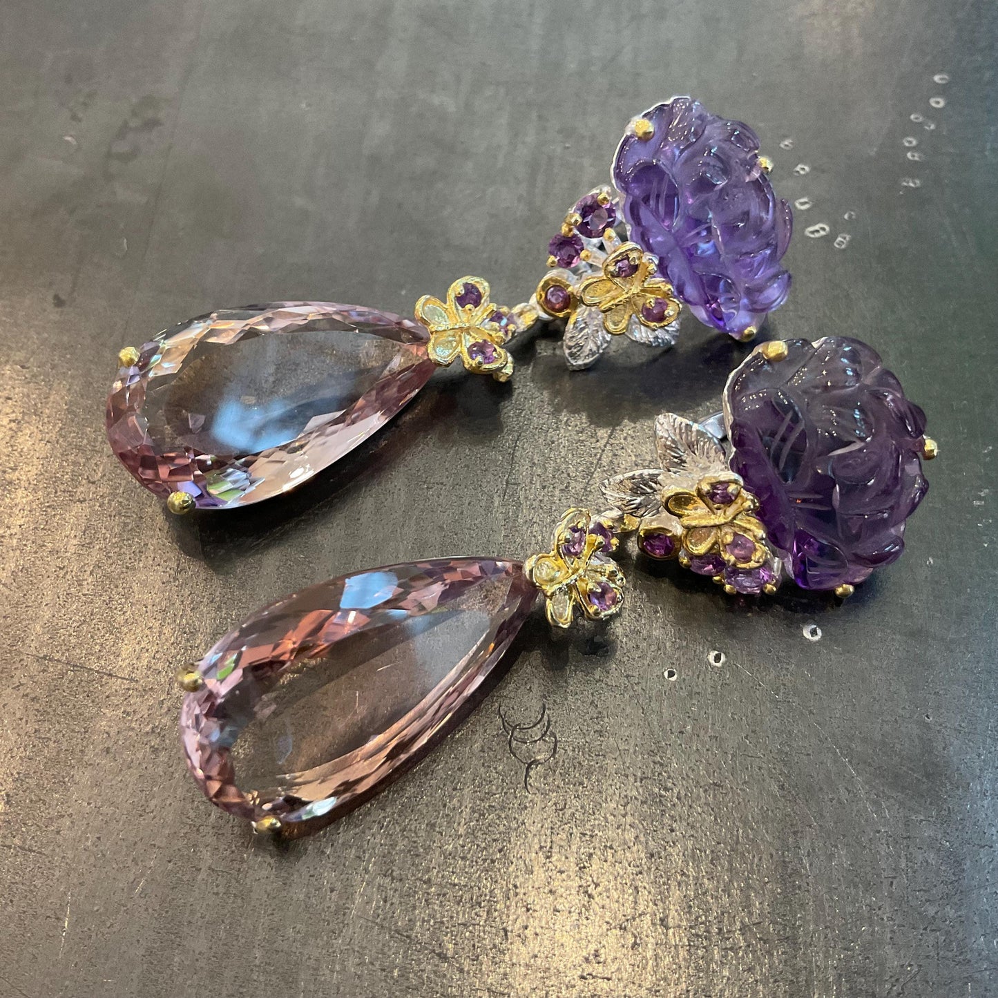 Sterling silver Ametrine pear shape carved flower large dangle butterfly earrings