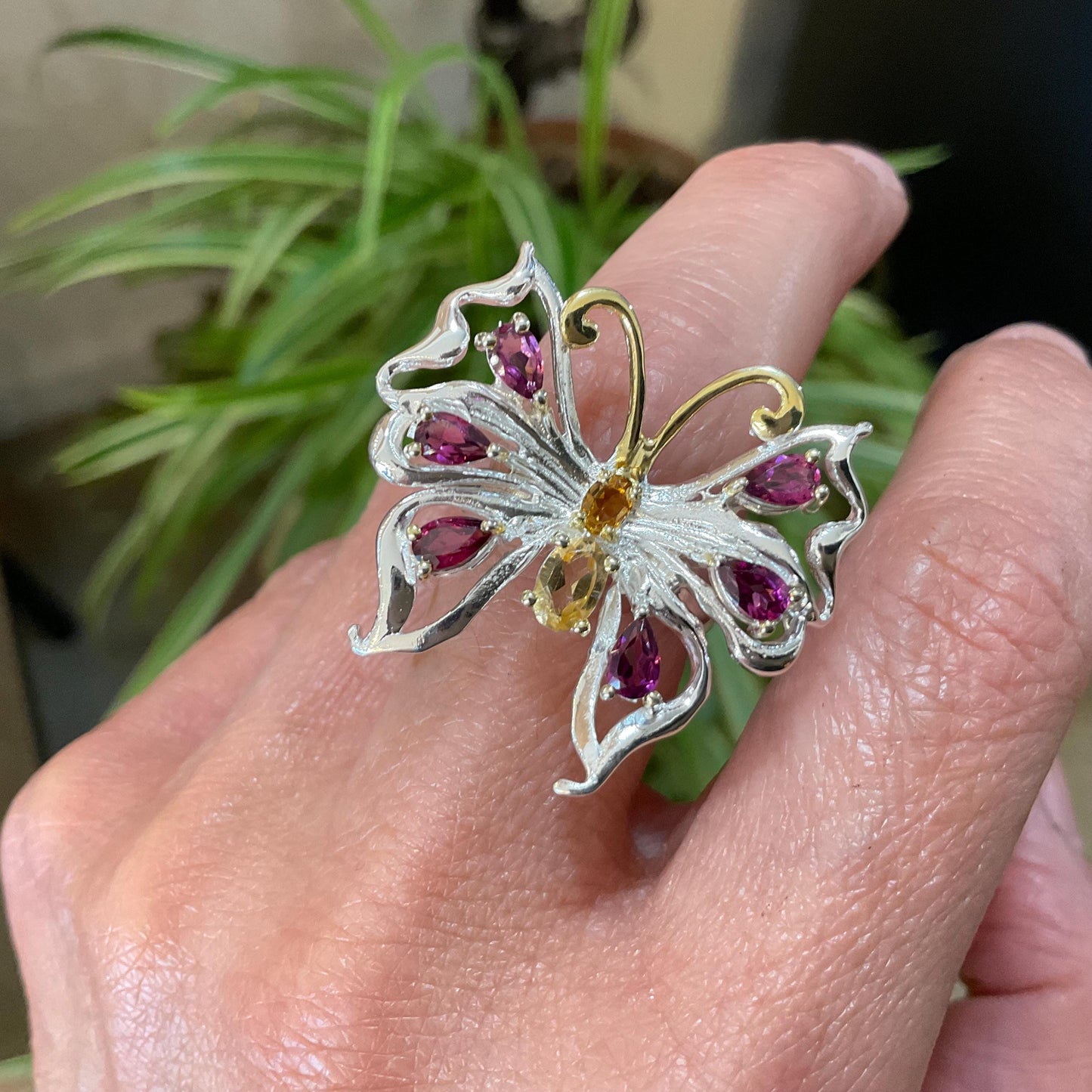 Sterling silver rhodolite citrine butterfly ring 7.5