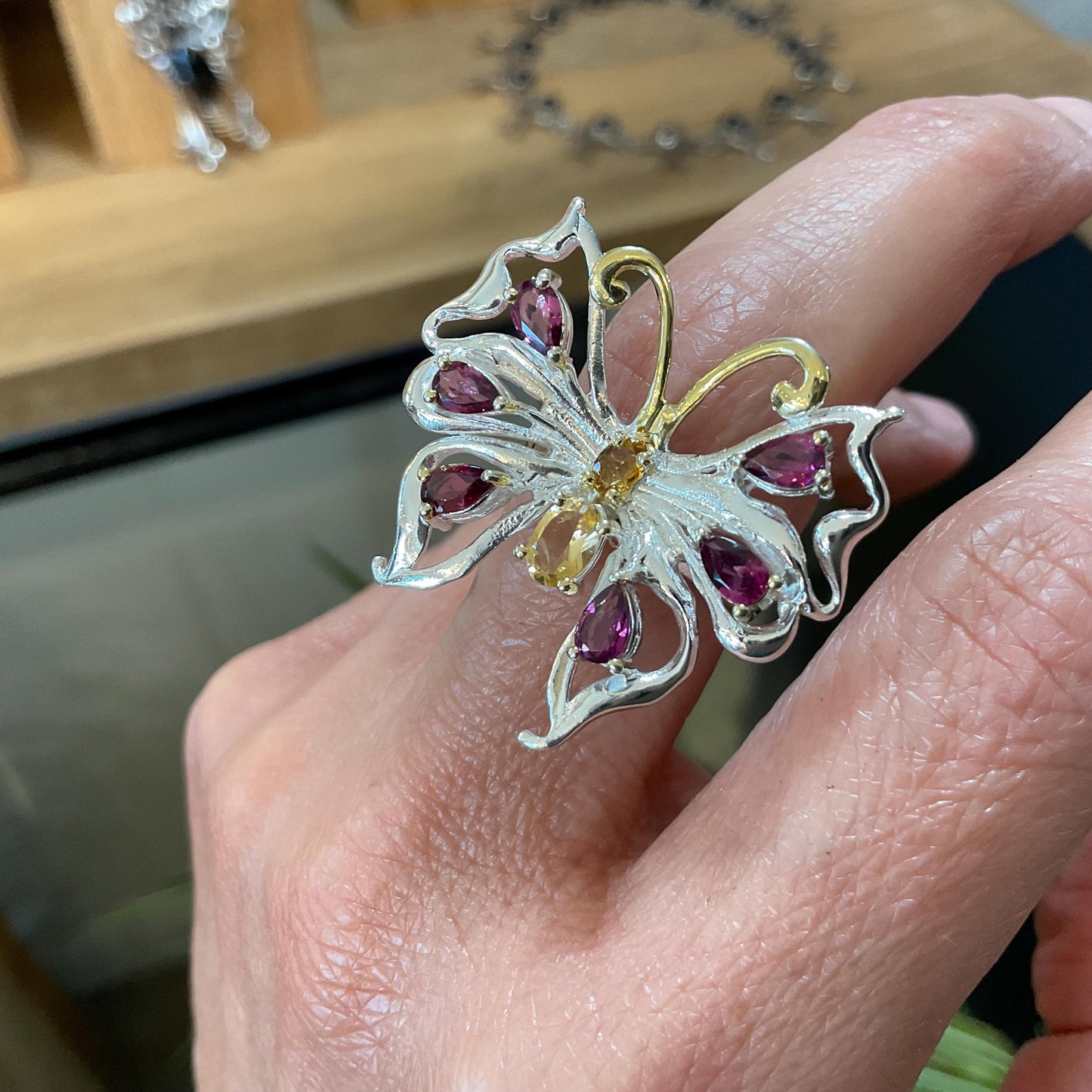 Sterling silver rhodolite citrine butterfly ring 7.5