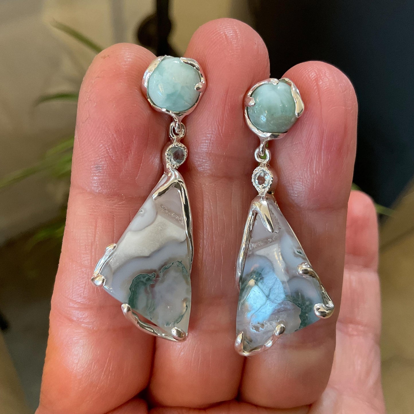 Dominican blue Larimar moss agate post dangle  Earrings