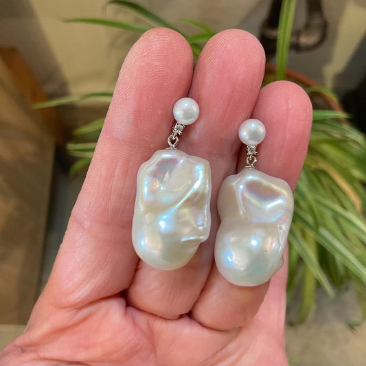 Sterling Silver white natural organic baroque pearl dangle  Earrings