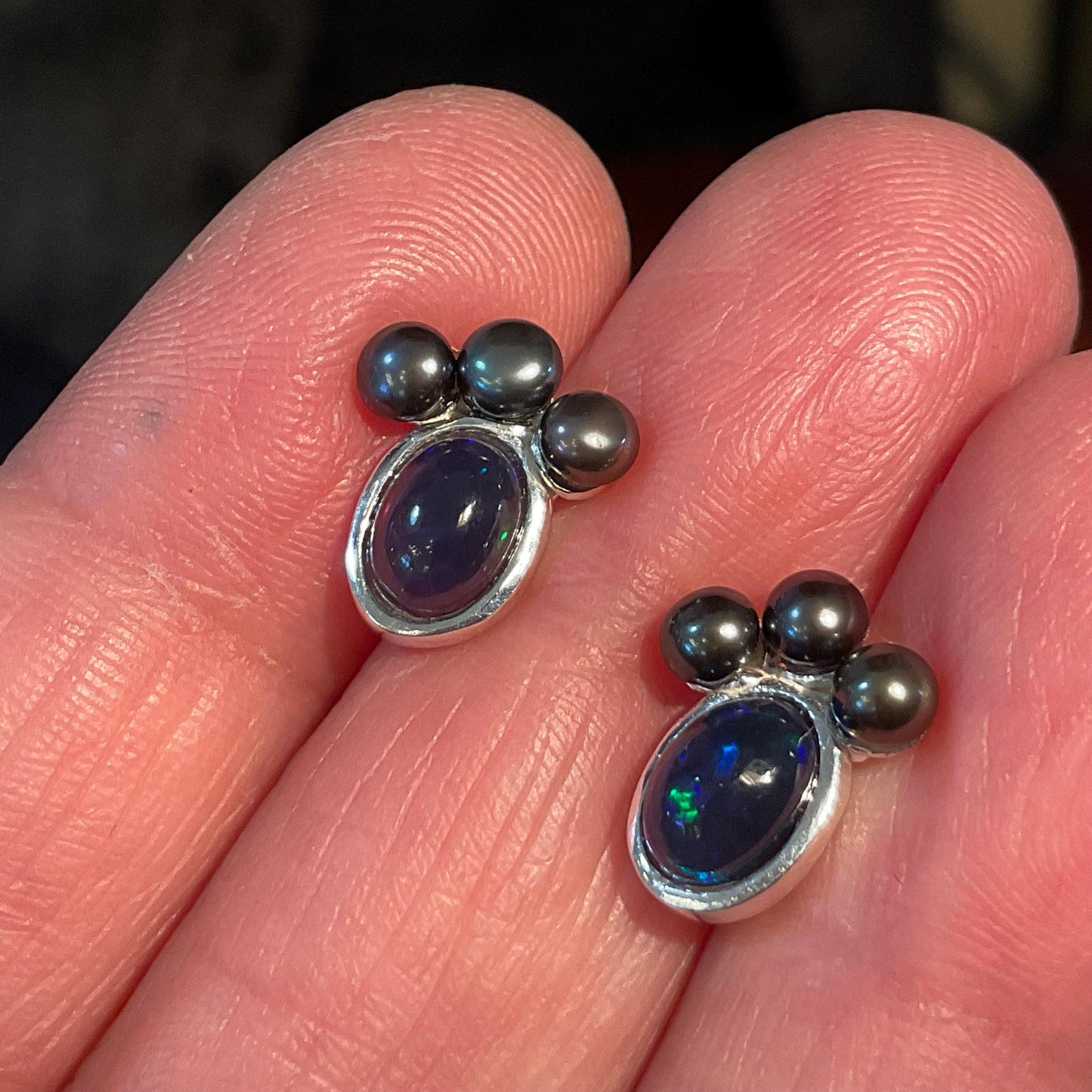 sterling silver rainbow natural opal black pearl Etnika Stud earrings