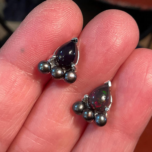 sterling silver rainbow natural pearl shape opal black pearl Etnika Stud earrings