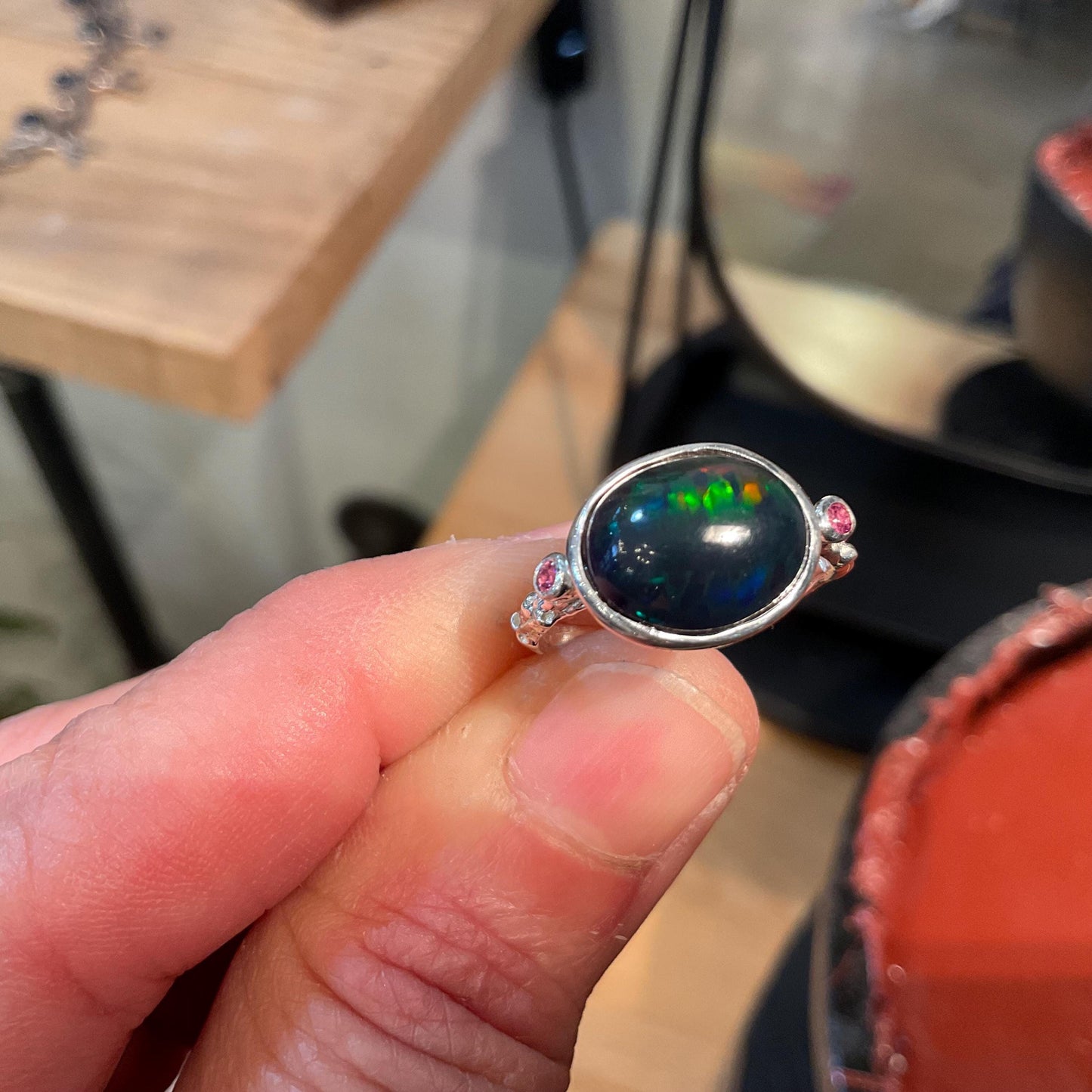 Natural black blue fire opal rhodolite Sterling Silver Ring 6.5