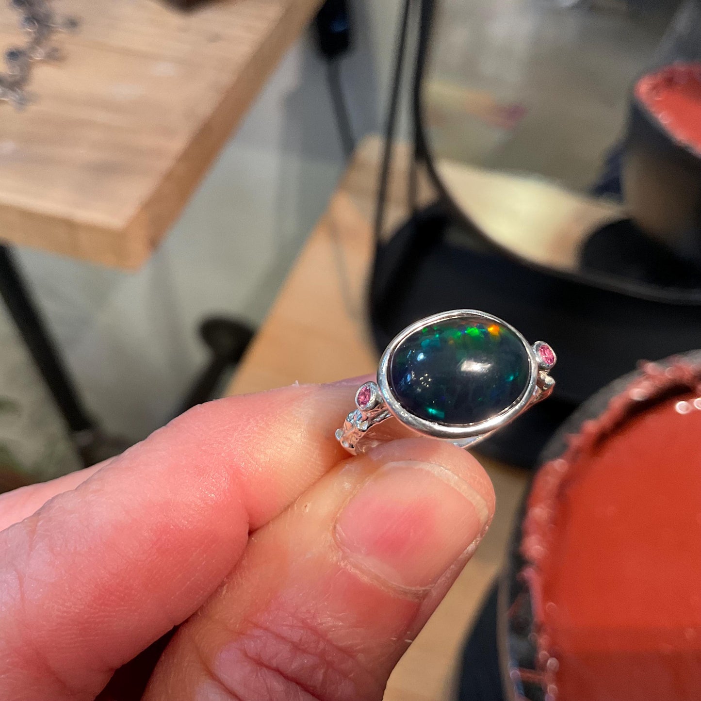 Natural black blue fire opal rhodolite Sterling Silver Ring 6.5